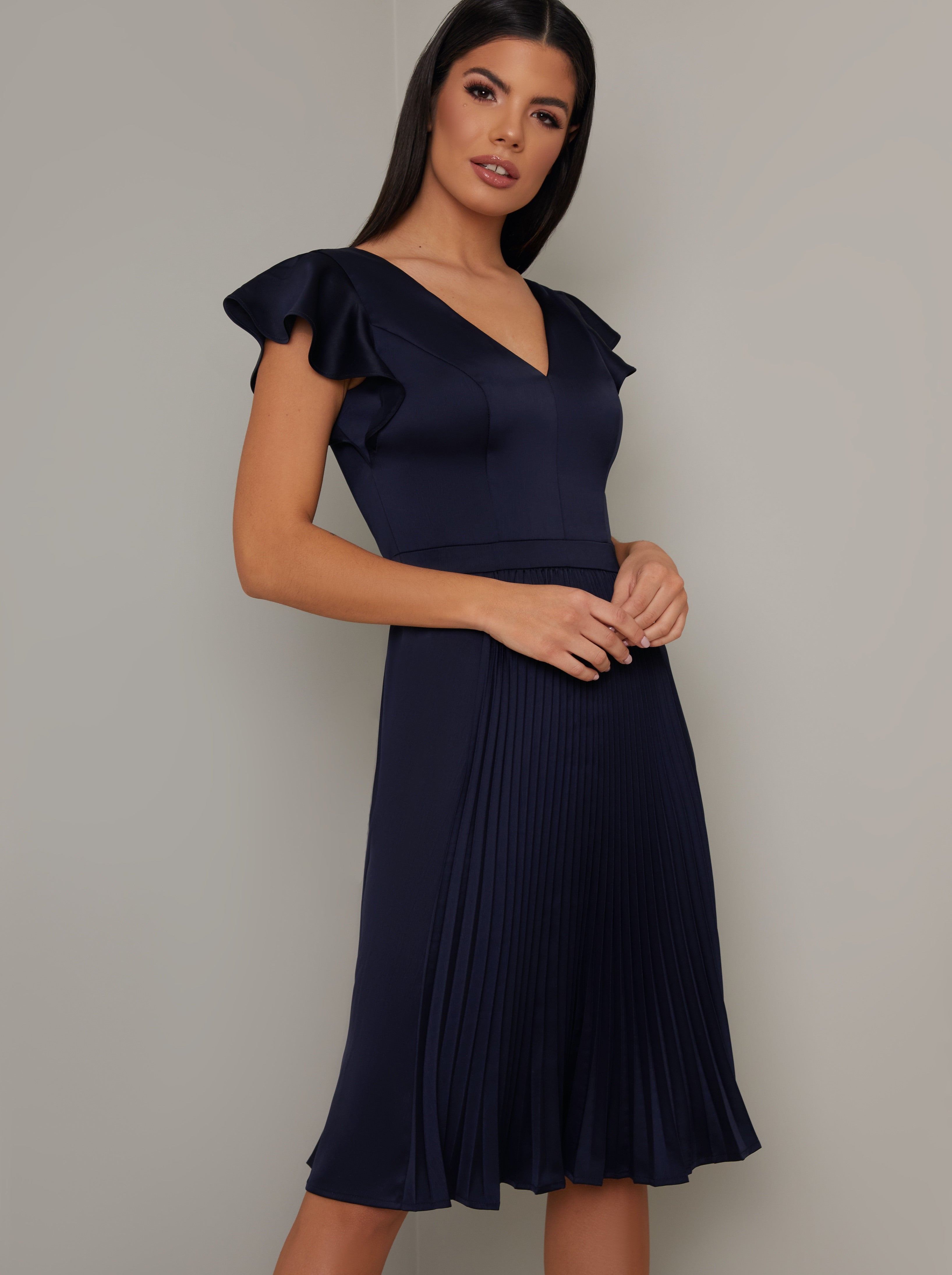 Ruffle Sleeve Pleated Midi Dress in Navy