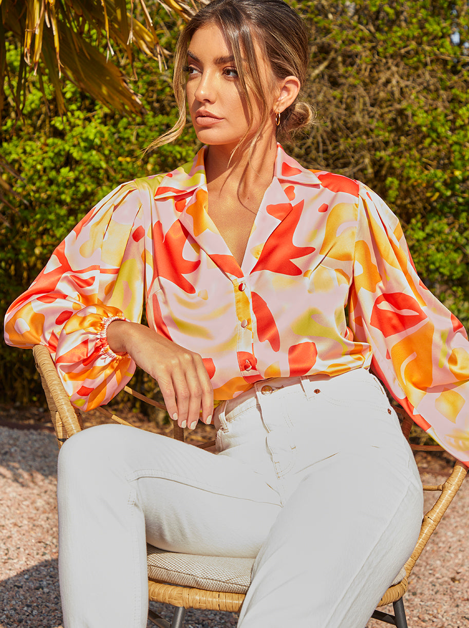 Abstract Print Satin Shirt in Orange