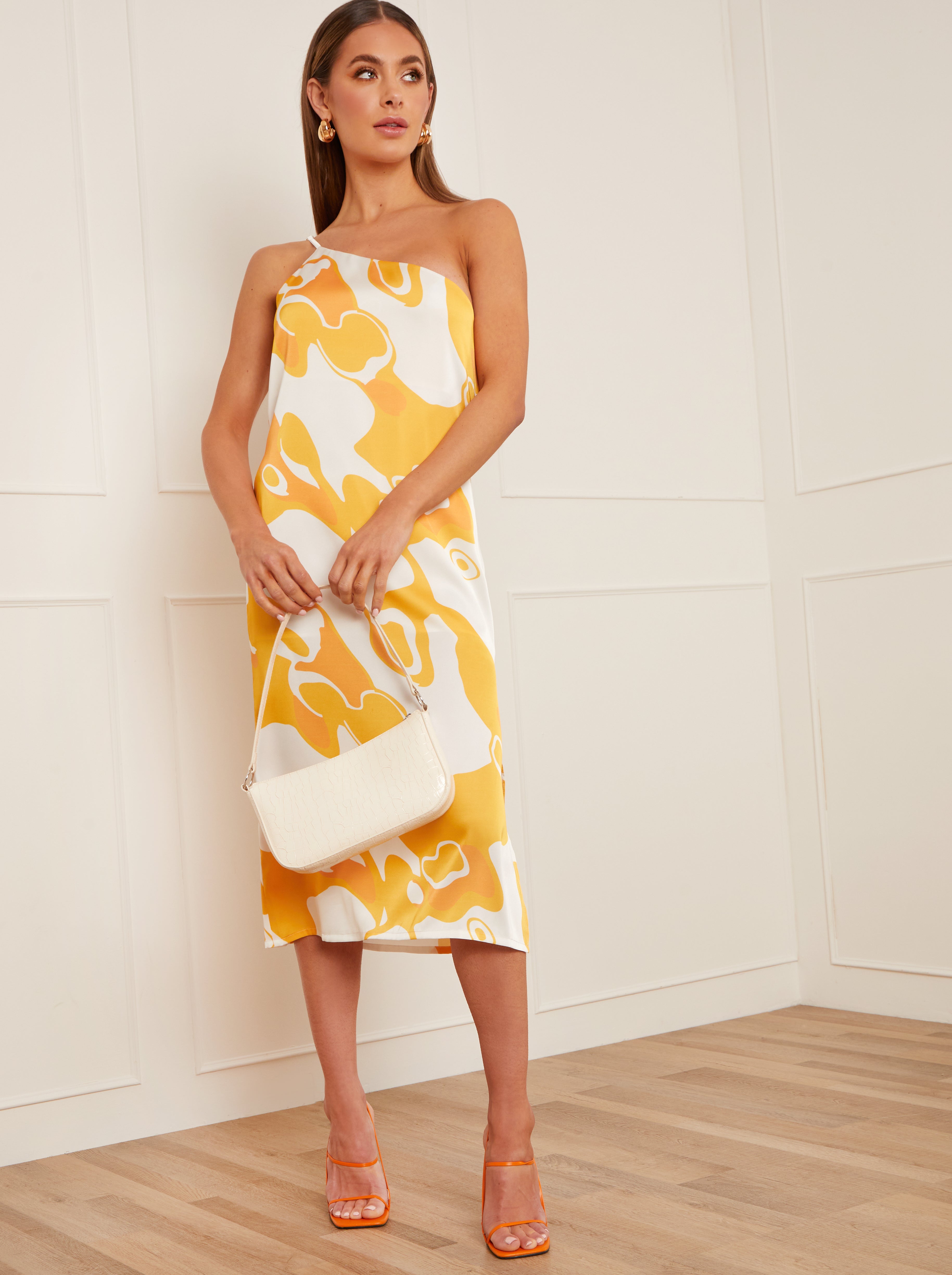 One-Shoulder Abstract Print Midi Dress in Yellow