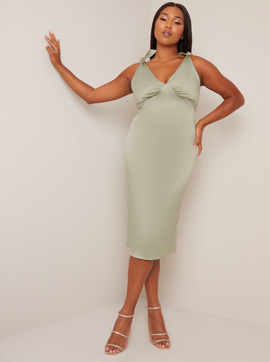 V Neck Tie Shoulder Midi Dress in Sage