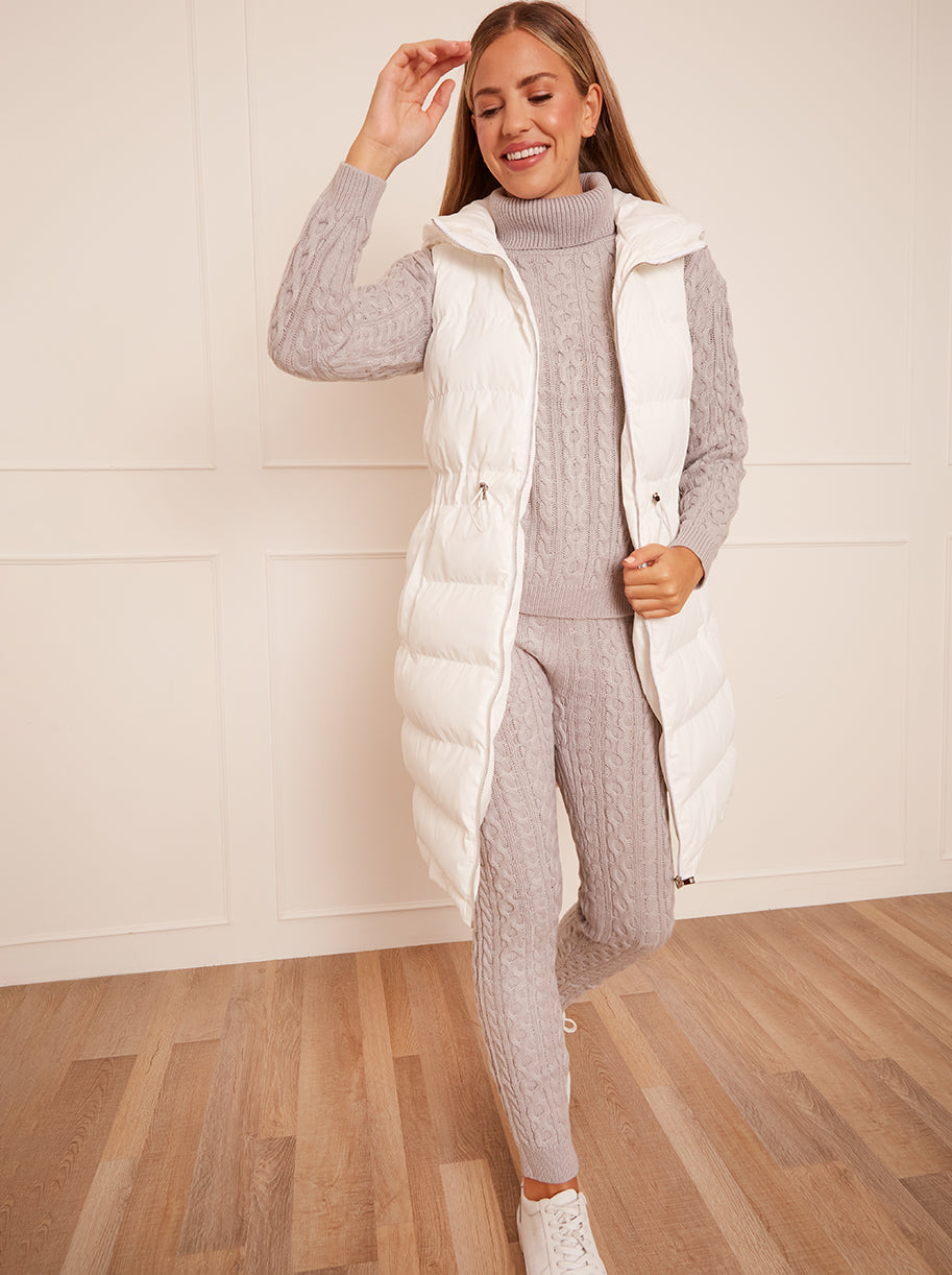 Waist Detail Padded Longline Gilet in White