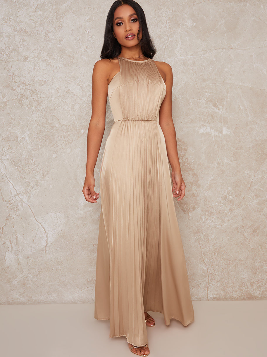 Petite High Neck Satin Pleated Maxi Dress in Champagne