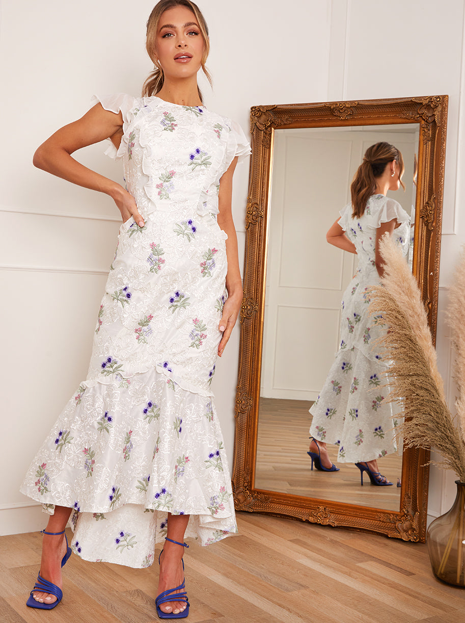 Ruffle Embroidered Maxi Dress in White