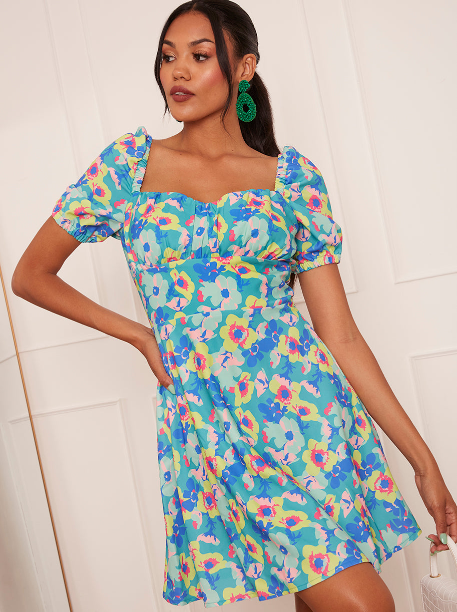 Puff Sleeve Floral Print Mini Dress in Green