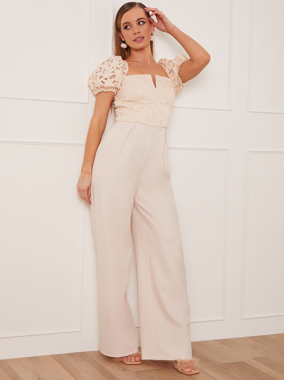 Puff Sleeve Crochet Jumpsuit in Cream
