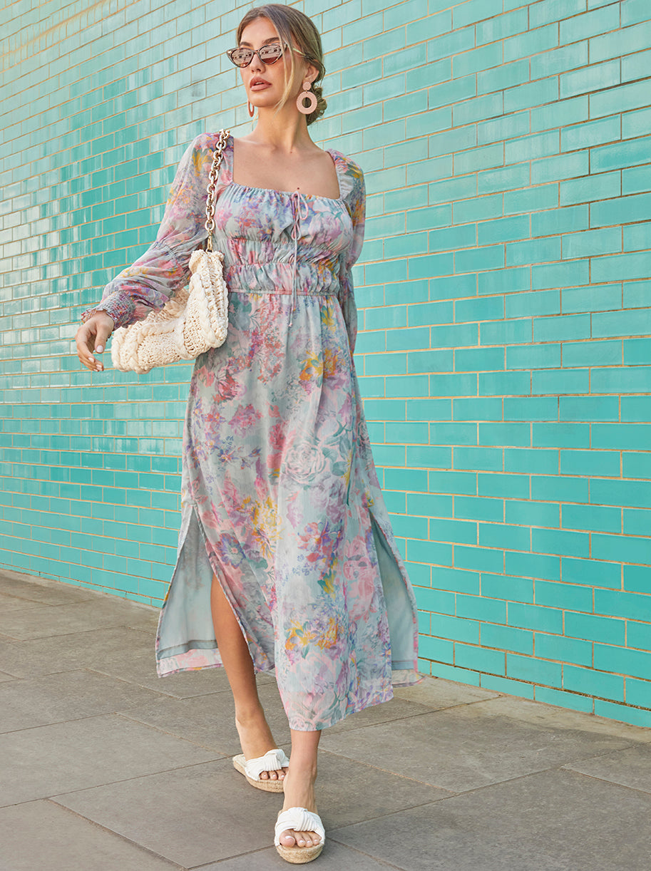 Long Sleeve Square Neck Floral Maxi Dress in Green