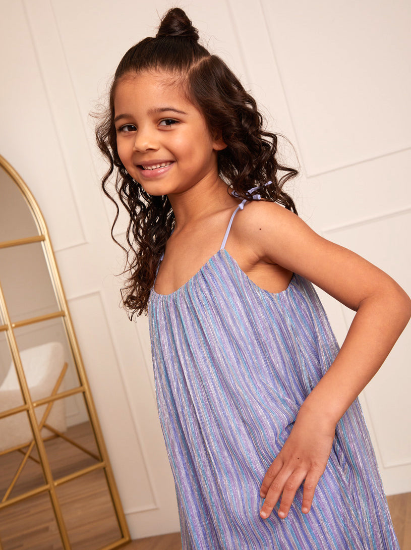 Younger Girls Cami Pleated Metallic Midi Dress in Blue