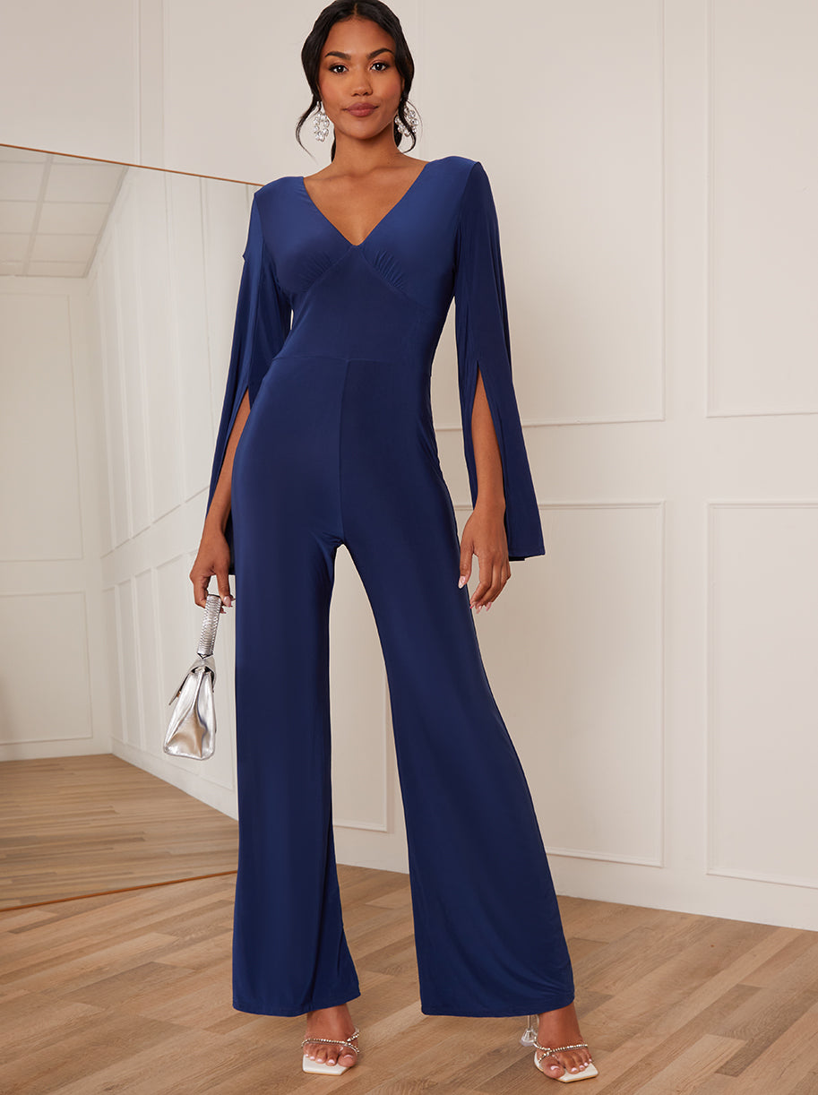 V Neck Split Sleeve Jumpsuit in Blue