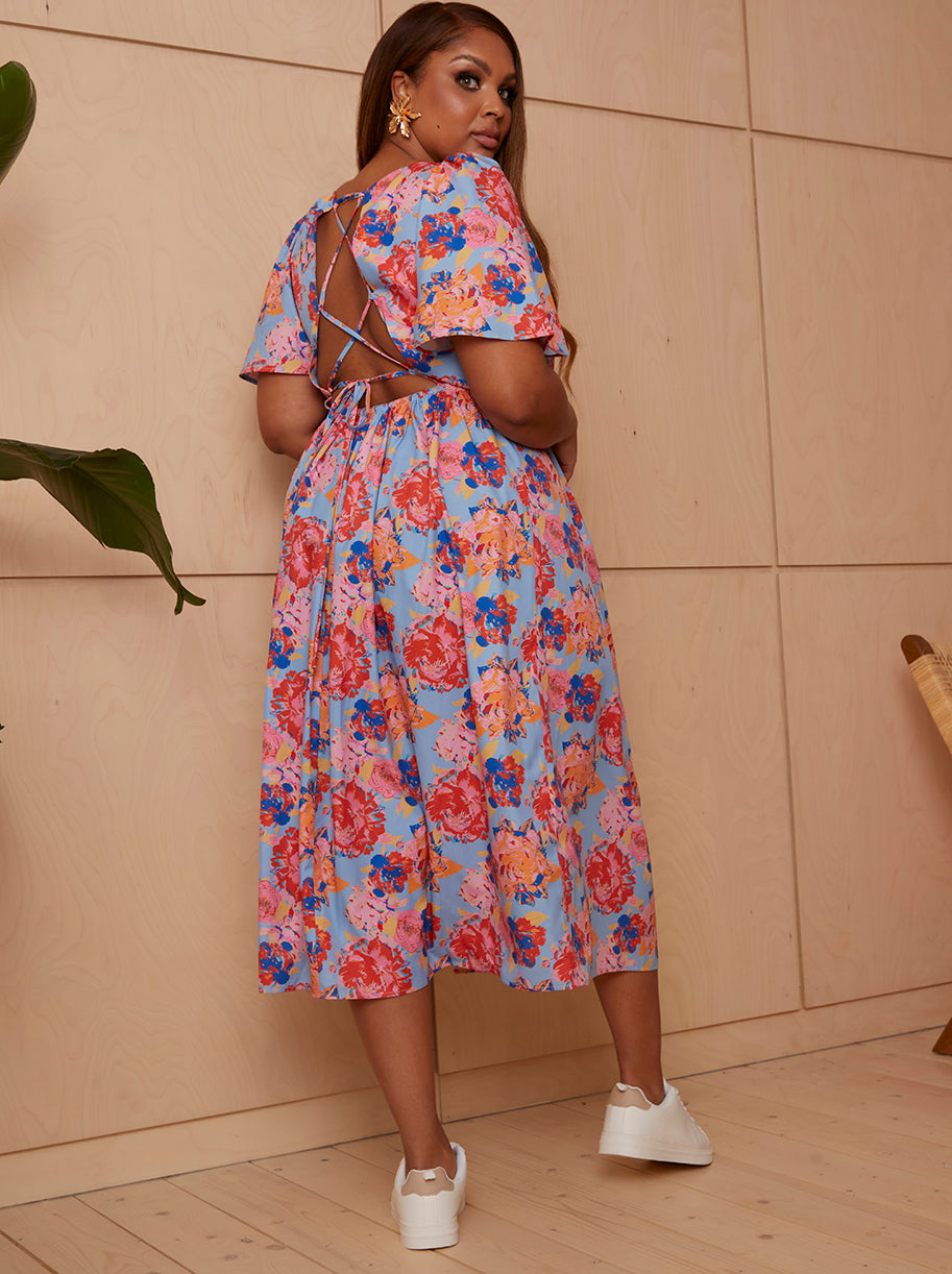 Square Neck Floral Midi Dress in Blue