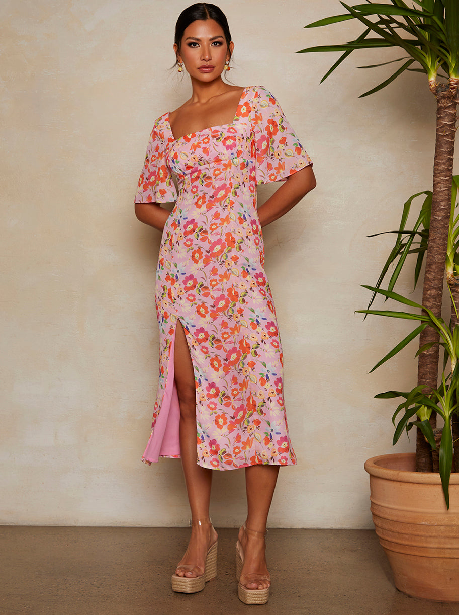 Short Sleeve Square Neck Floral Midi Dress in Pink