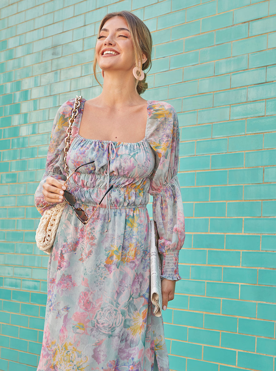 Long Sleeve Square Neck Floral Maxi Dress in Green