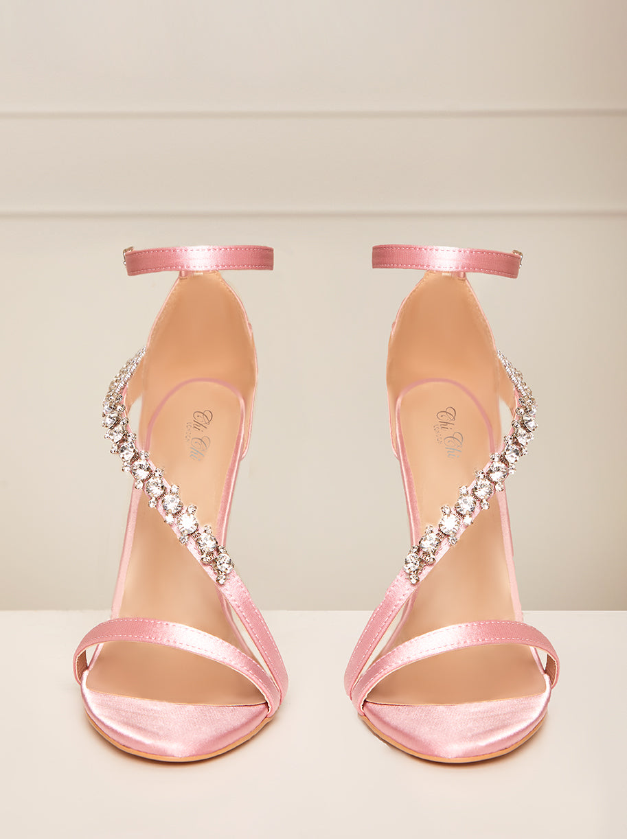 High Heel Diamante Strap Sandals in Pink
