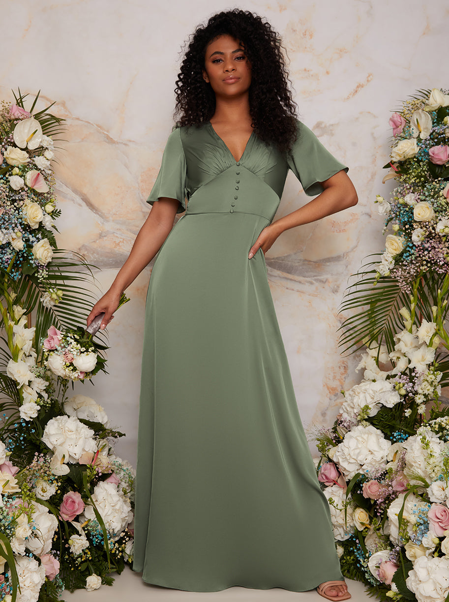 Flutter Sleeve V Neck Satin Maxi Dress in Green