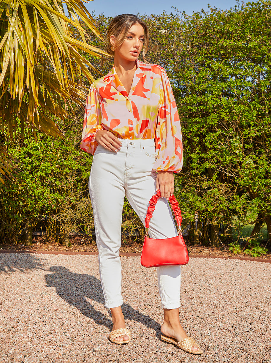 Abstract Print Satin Shirt in Orange