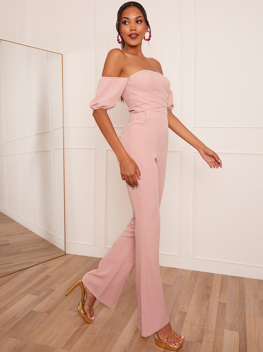 Bardot Flare Jumpsuit in Pink