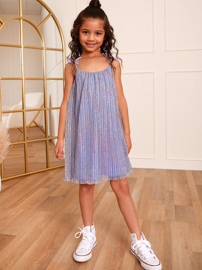 Younger Girls Cami Pleated Metallic Midi Dress in Blue