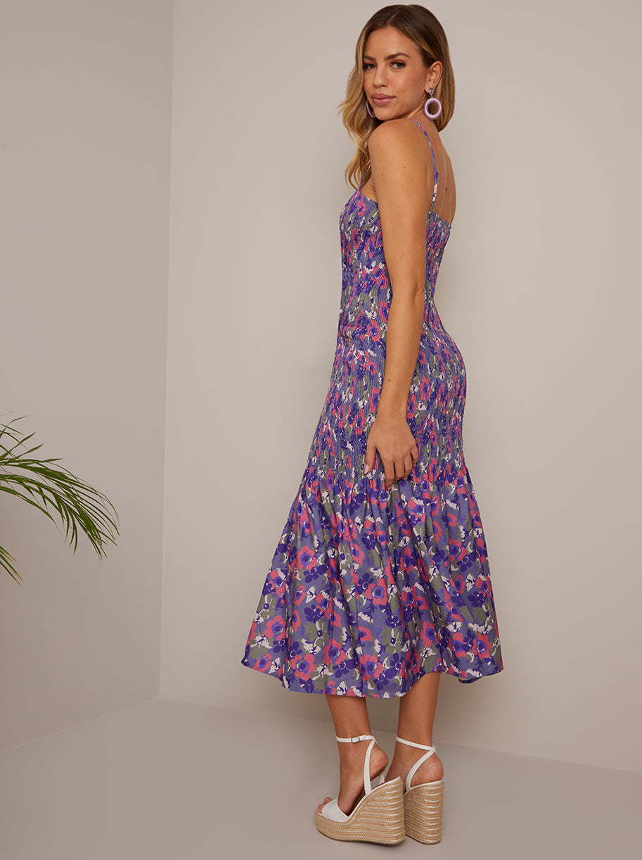 Floral Print Shirred Bodice Midi Dress in Blue