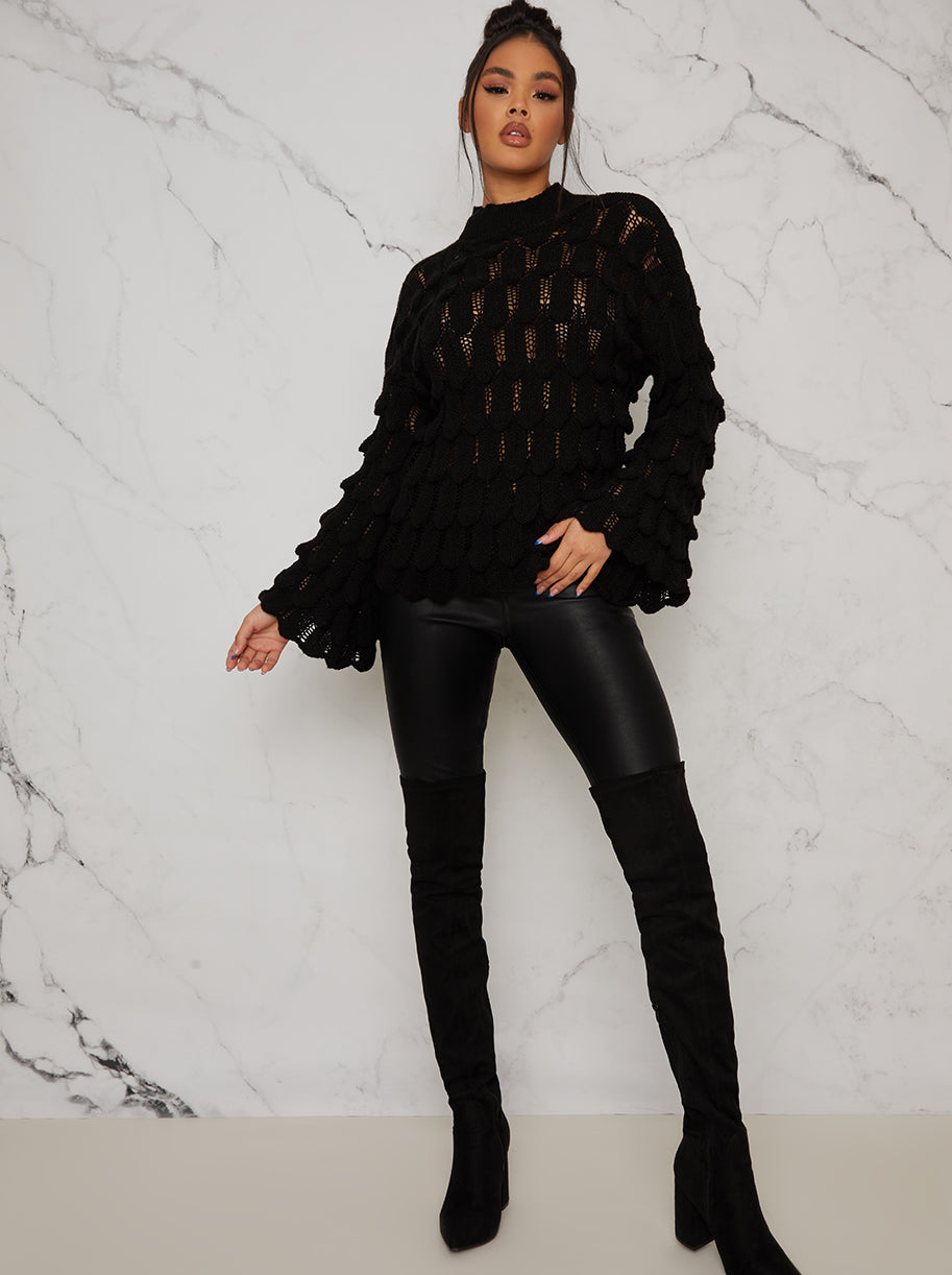 Knitted Crochet Bell Sleeve Jumper In Black