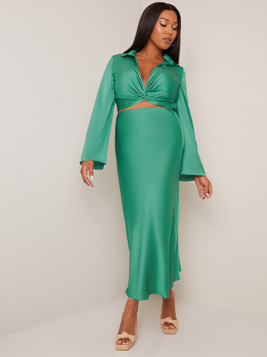 Satin Slip Maxi Skirt in Green