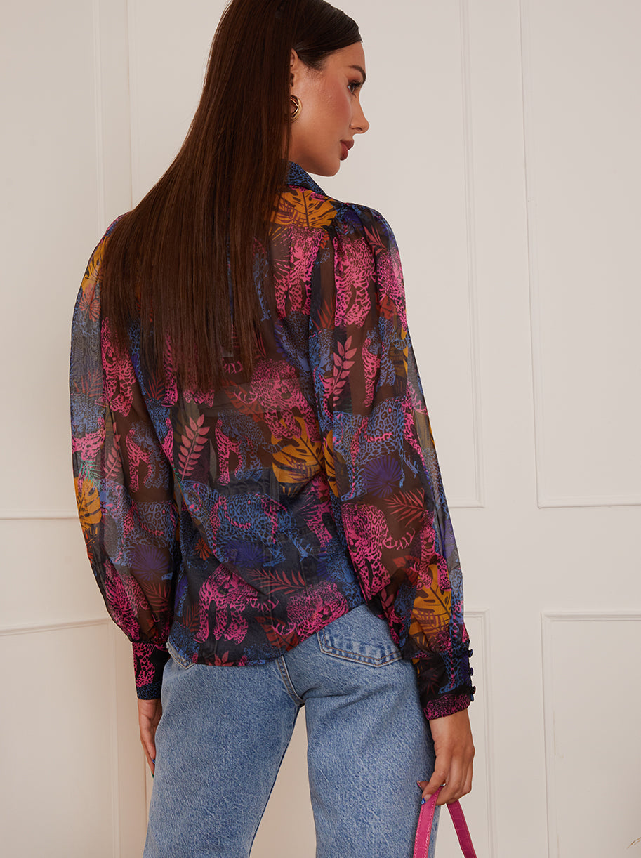 Long Sleeve Tropical Leopard Print Shirt in Black