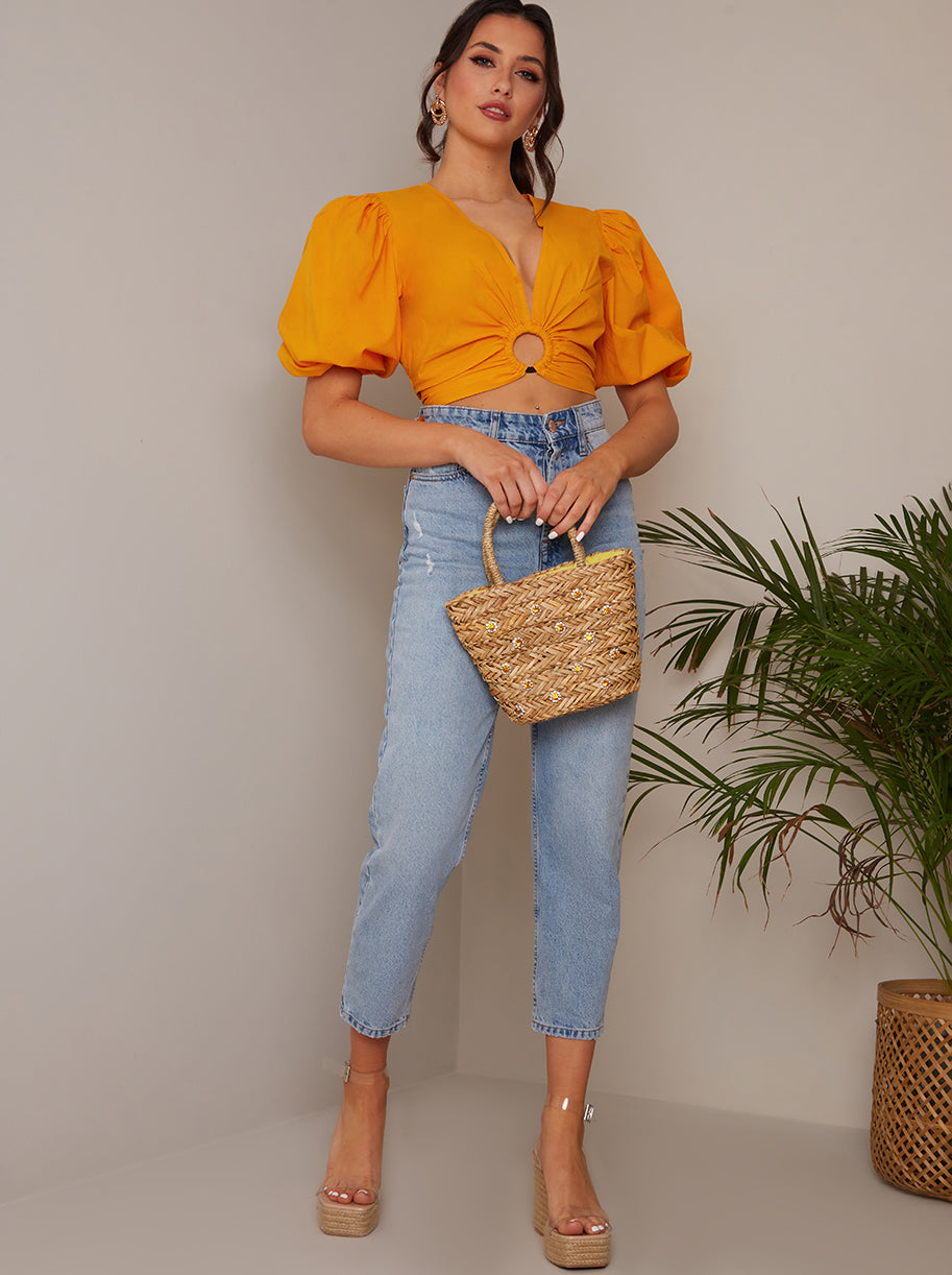 Ring Front Puff Sleeve Top in Orange