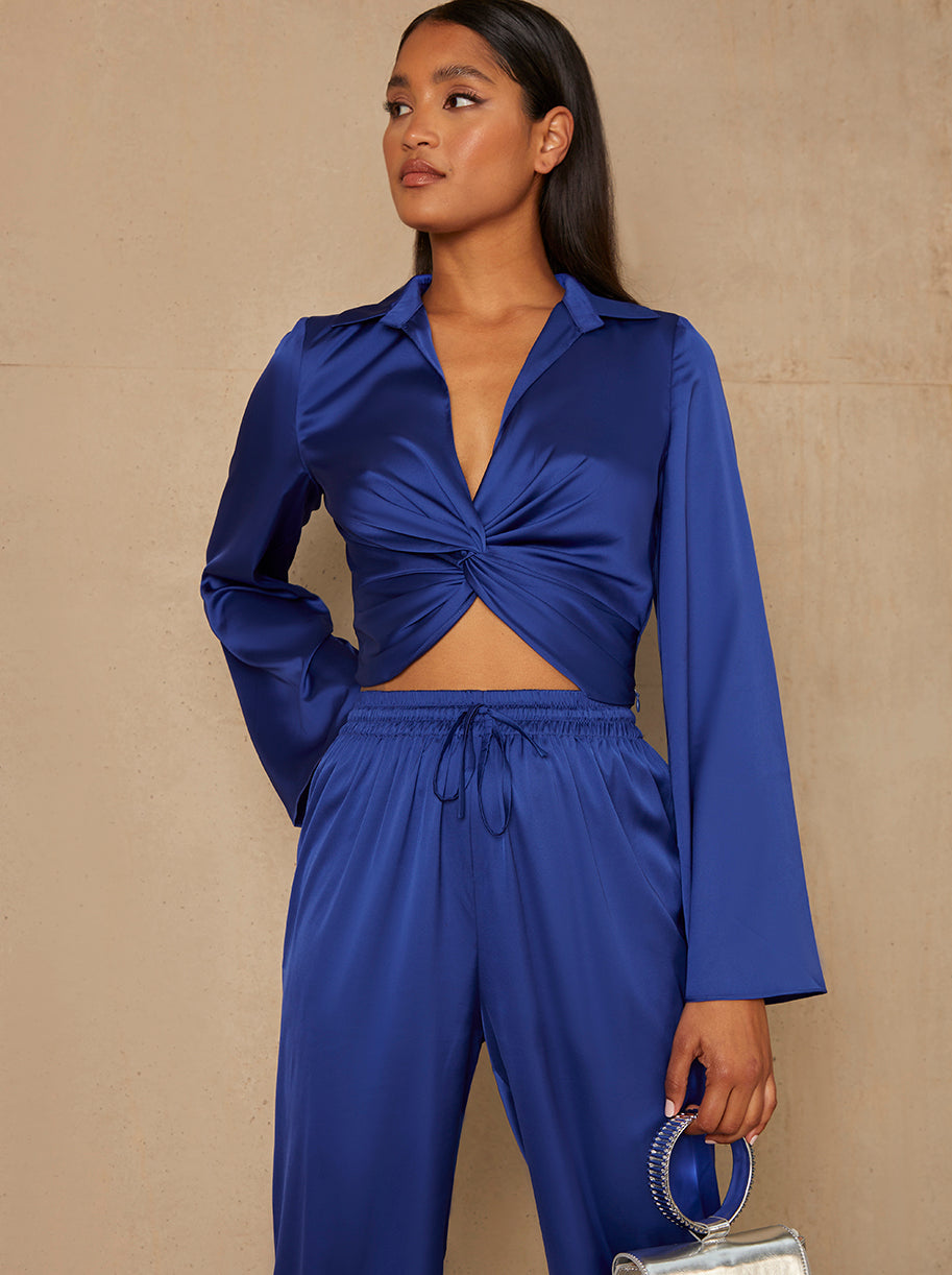 Long Sleeve V Neck Satin Twist Detail Top in Blue