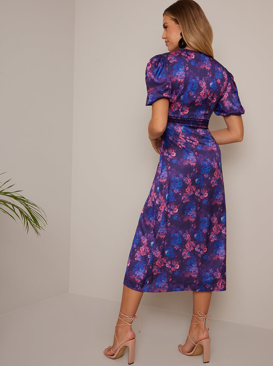 Puff Sleeve Lace Insert Floral Midi Dress in Purple