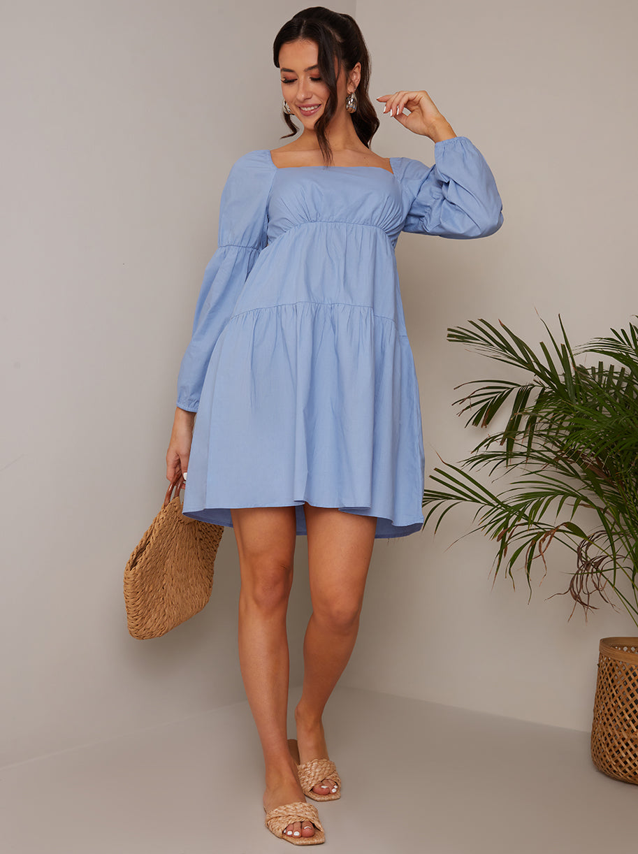 Square Neck Cotton Tiered Mini Dress in Blue