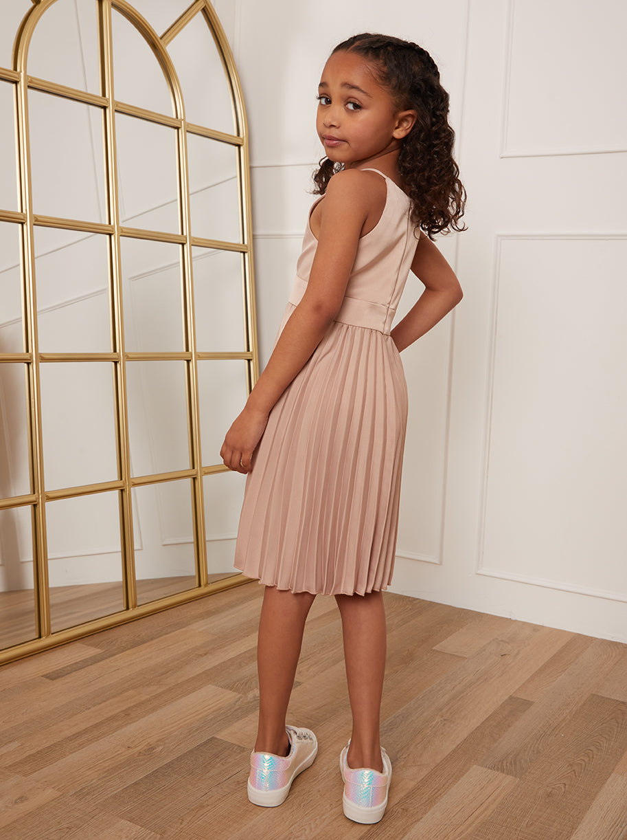 Younger Girls Pleated Satin Flower Girl Dress in Champagne