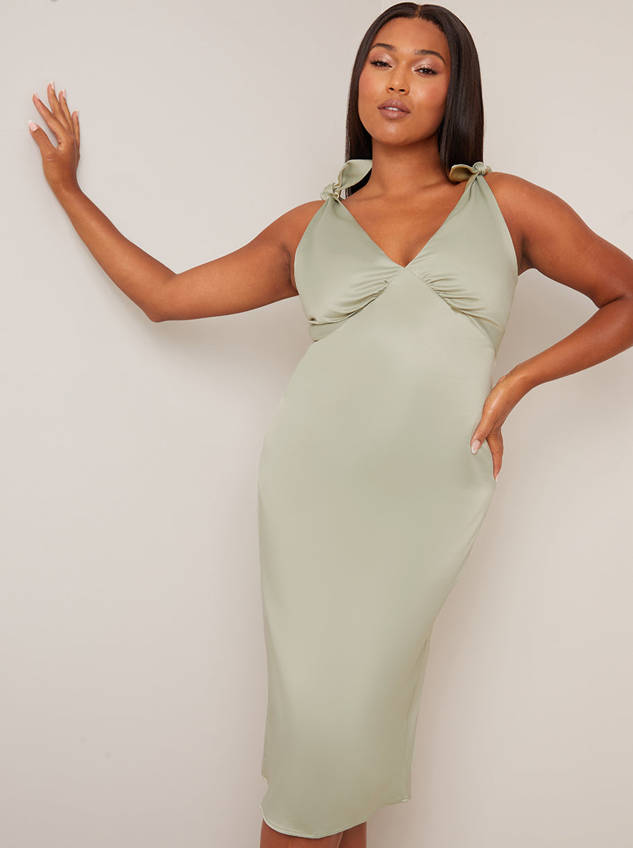 V Neck Tie Shoulder Midi Dress in Sage
