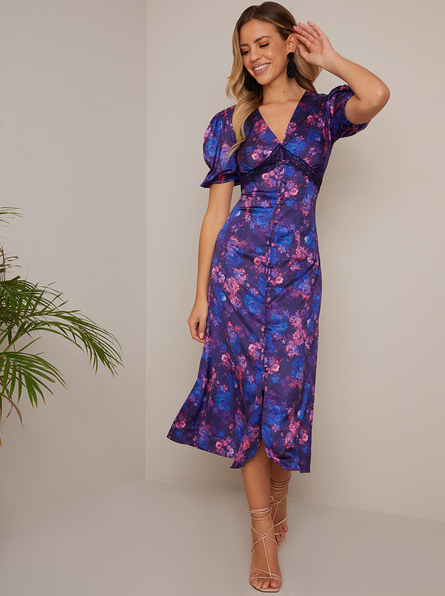 Puff Sleeve Lace Insert Floral Midi Dress in Purple