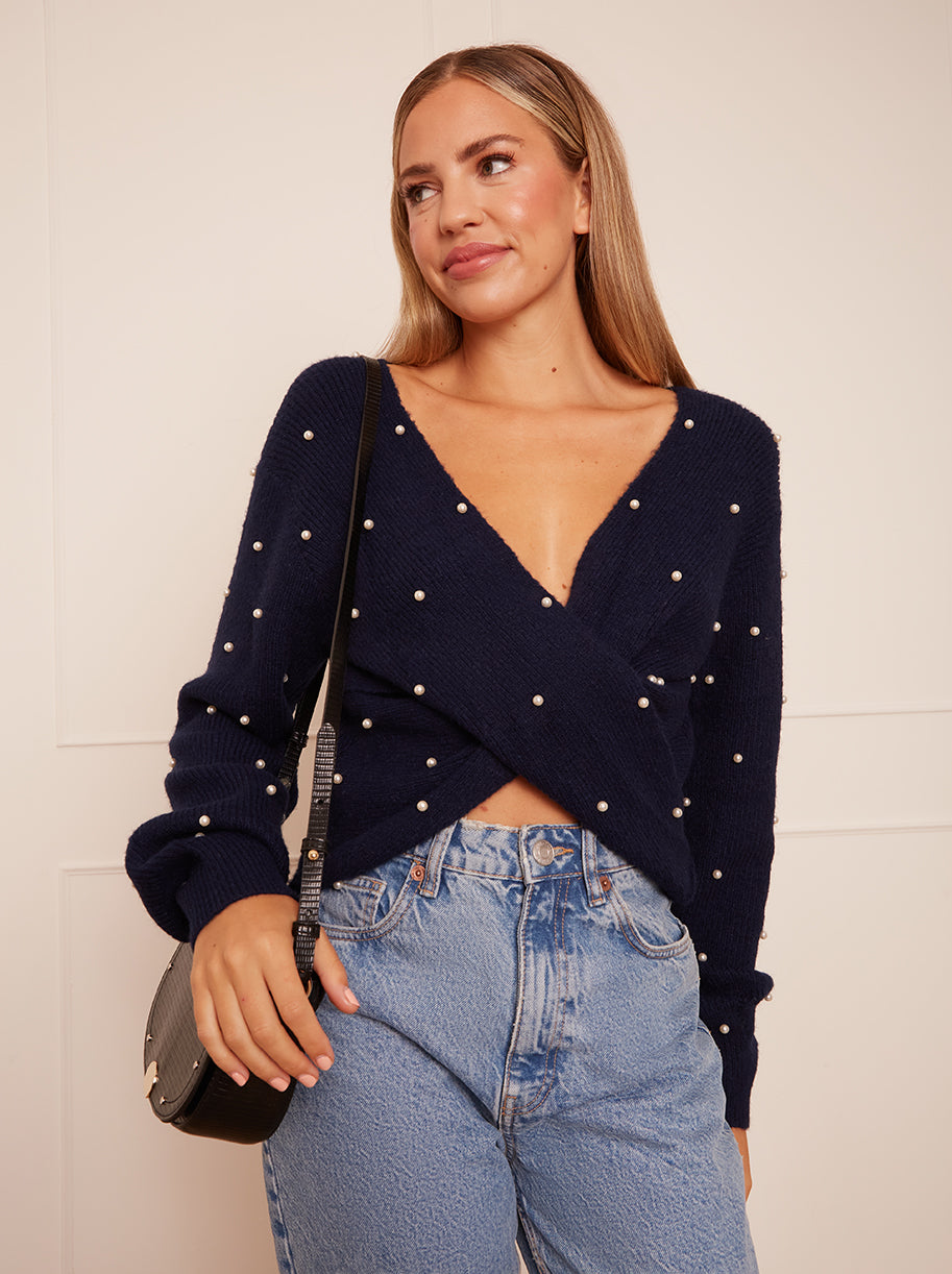 Pearl Detail Twist Front Jumper in Navy