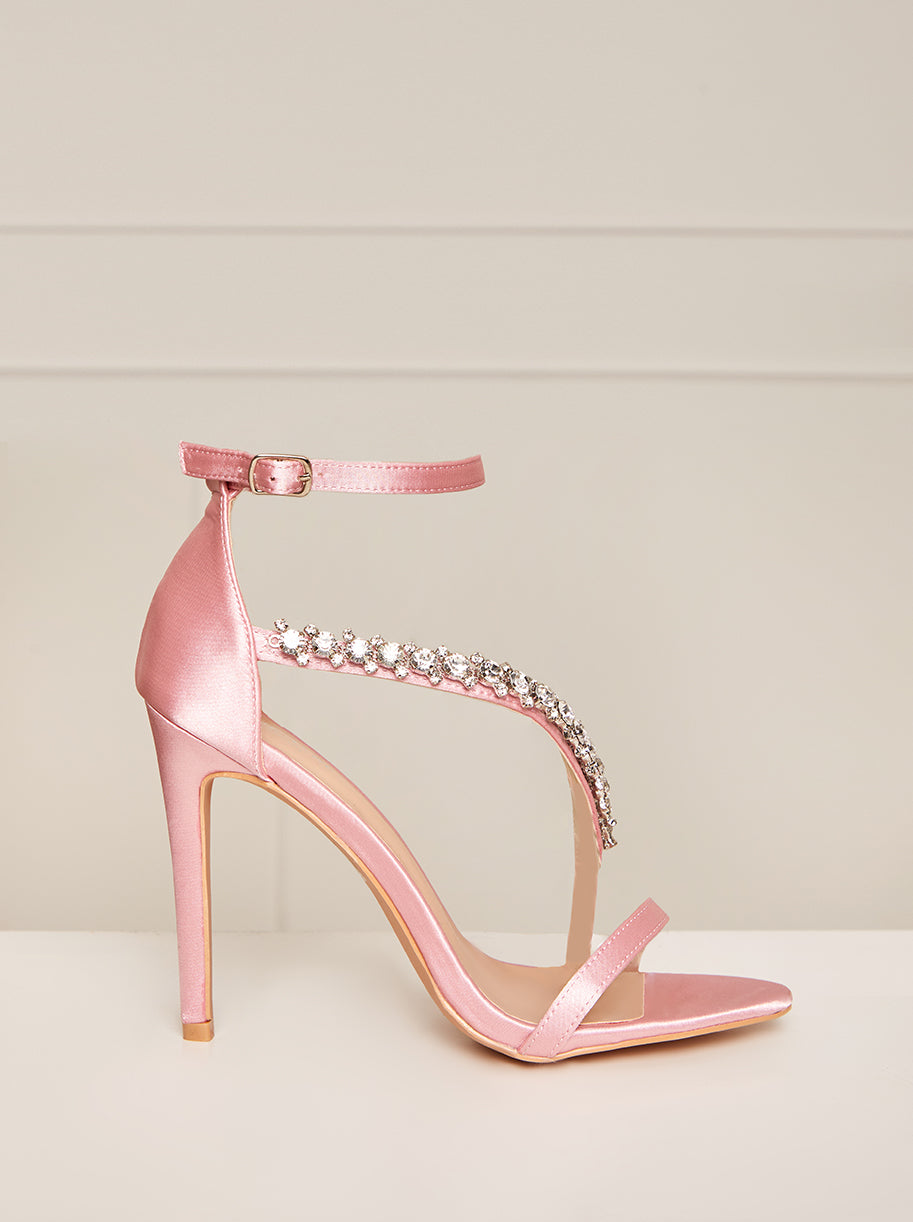 High Heel Diamante Strap Sandals in Pink
