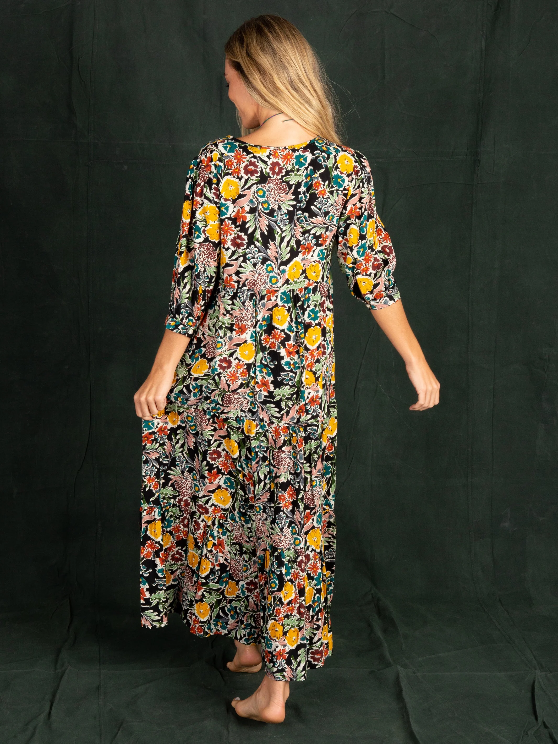 Sage V-Neck Maxi Dress - Gold Fall Floral