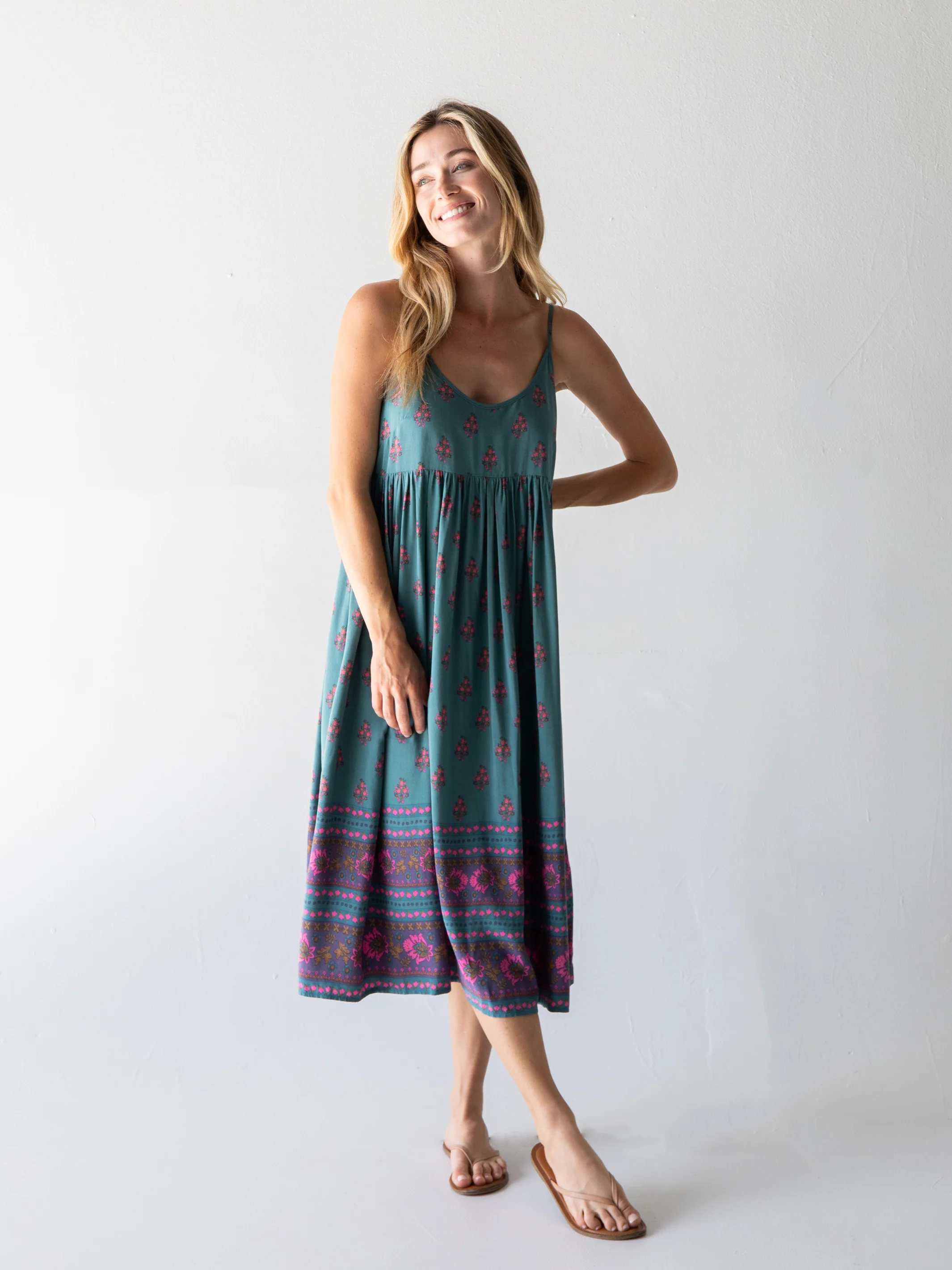 Gigi Midi Dress - Teal Floral Border