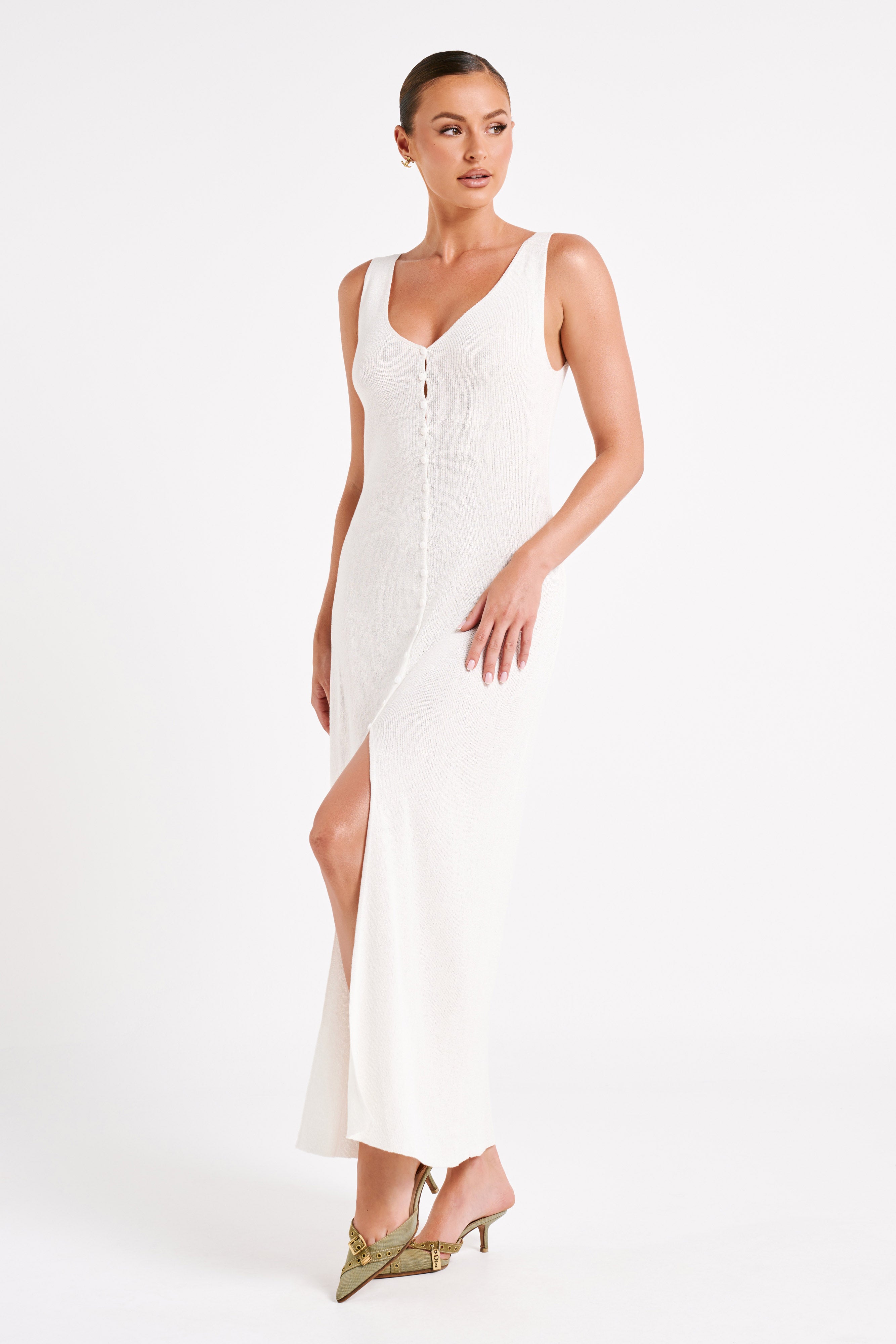 Antonia Buttoned Knit Maxi Dress - White