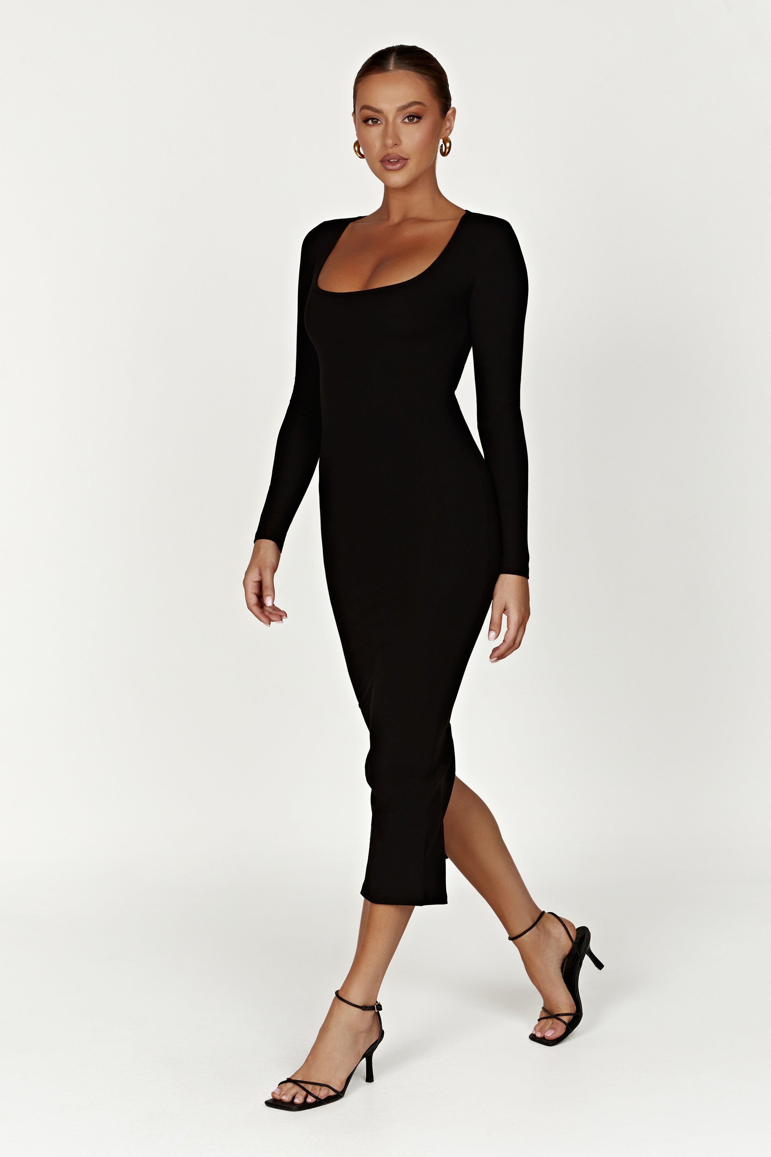 Sierra Scoop Neck Long Sleeve Midi Dress - Black
