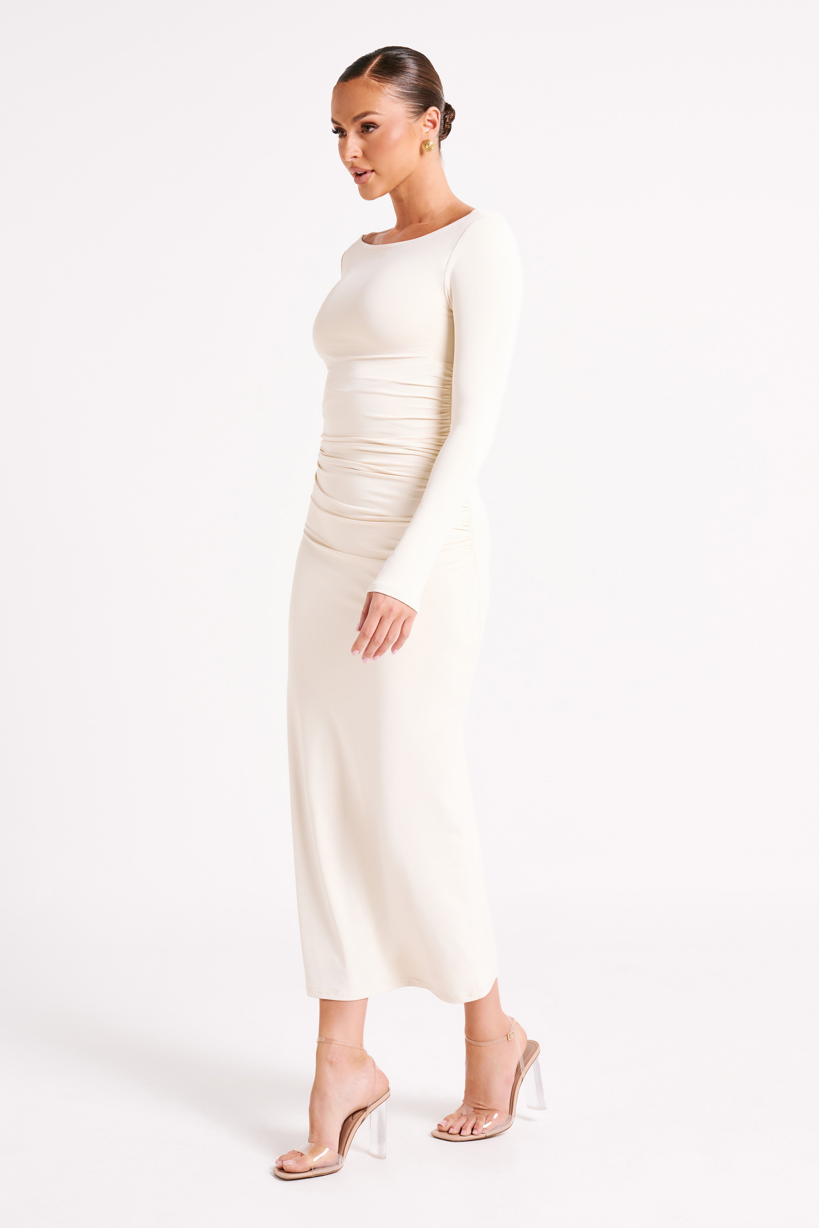 Anya Recycled Nylon Long Sleeve Midi Dress - Sand