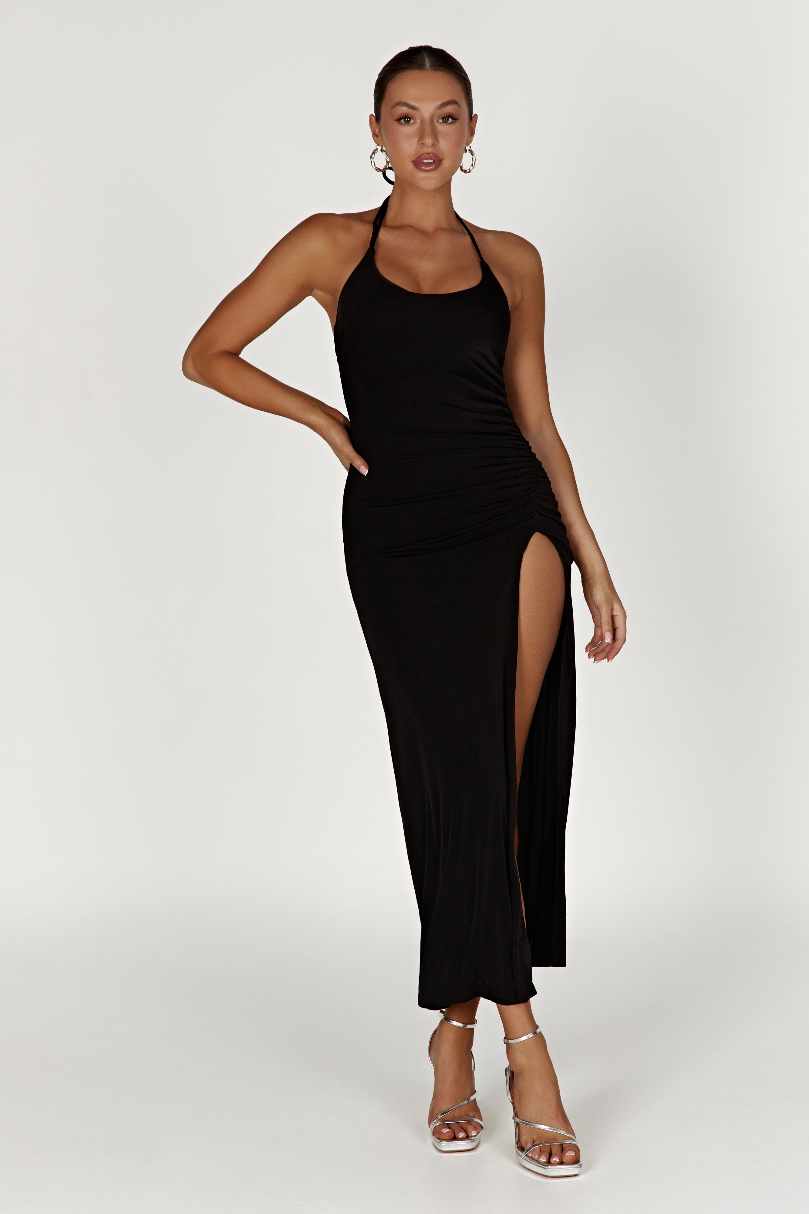 Allison Jersey Ruched Split Maxi Dress - Black