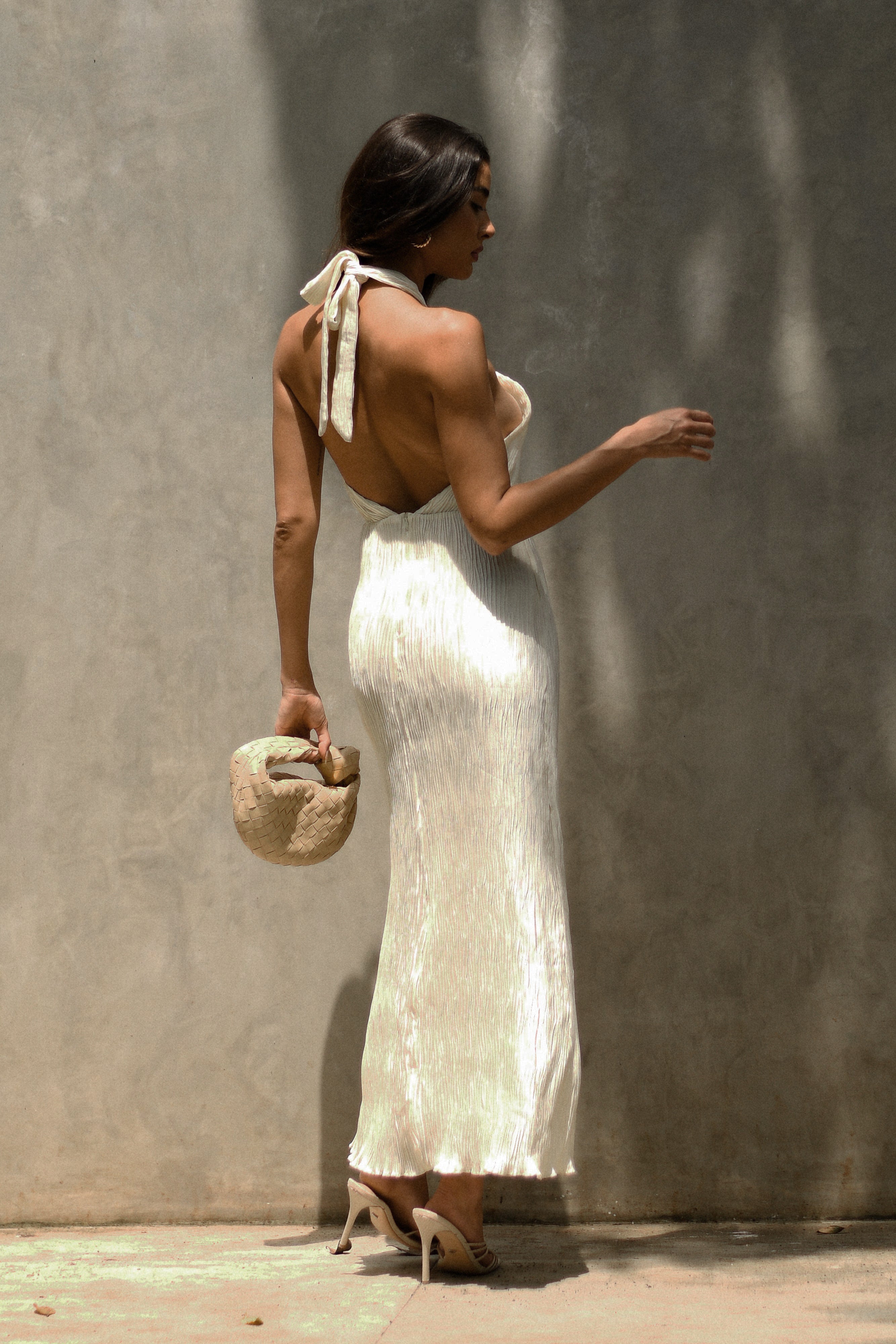 Demetria Plisse Halter Maxi Dress - Ivory