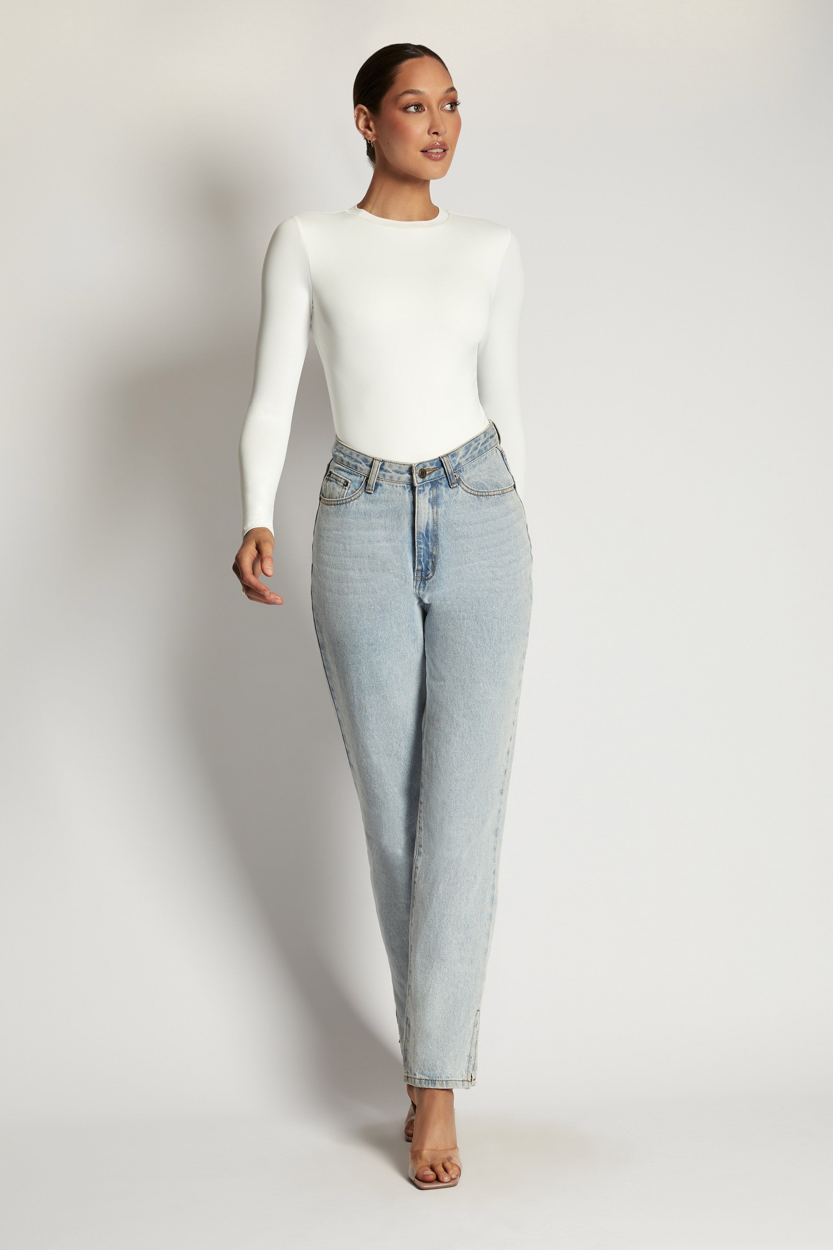 Delilah Long Sleeve Crew Neck Bodysuit - White