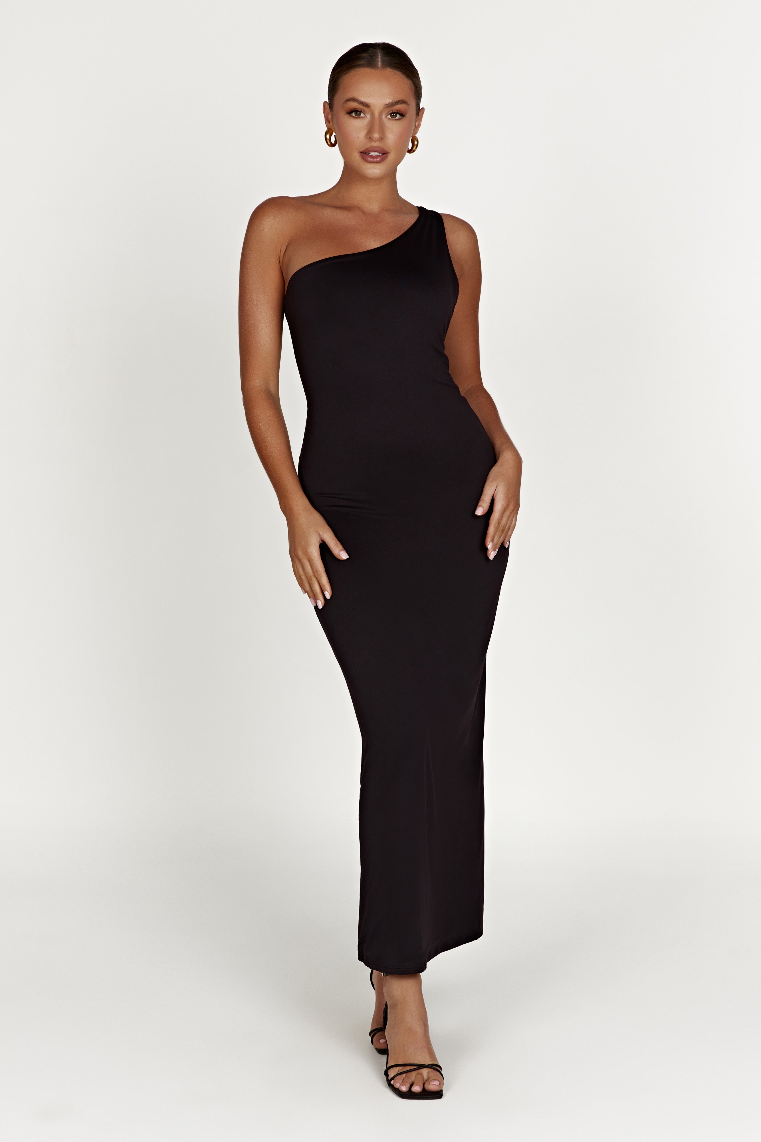 Teagan Recycled Nylon One Shoulder Midi Dress - Black