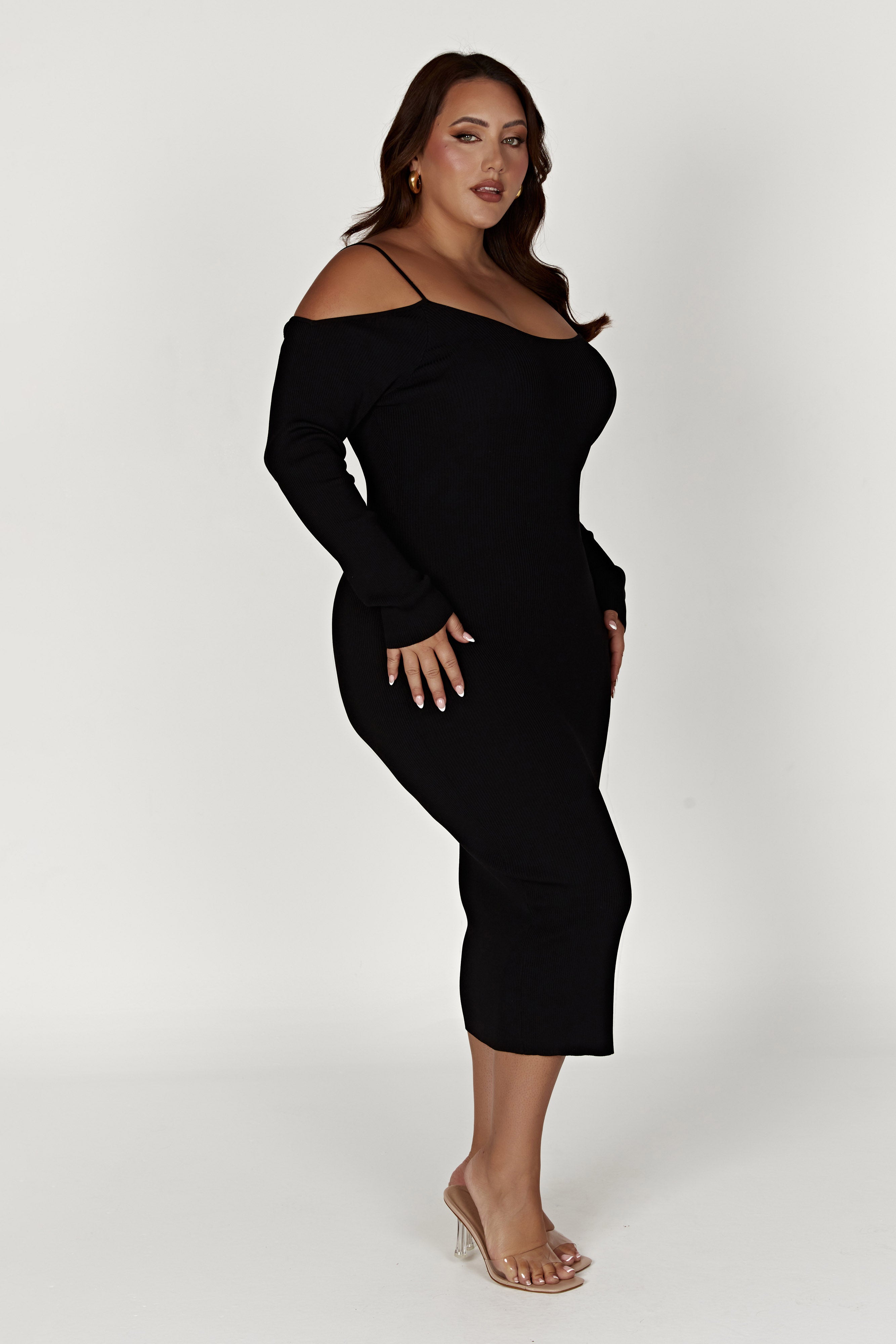 Shea Off Shoulder Knit Midi Dress - Black
