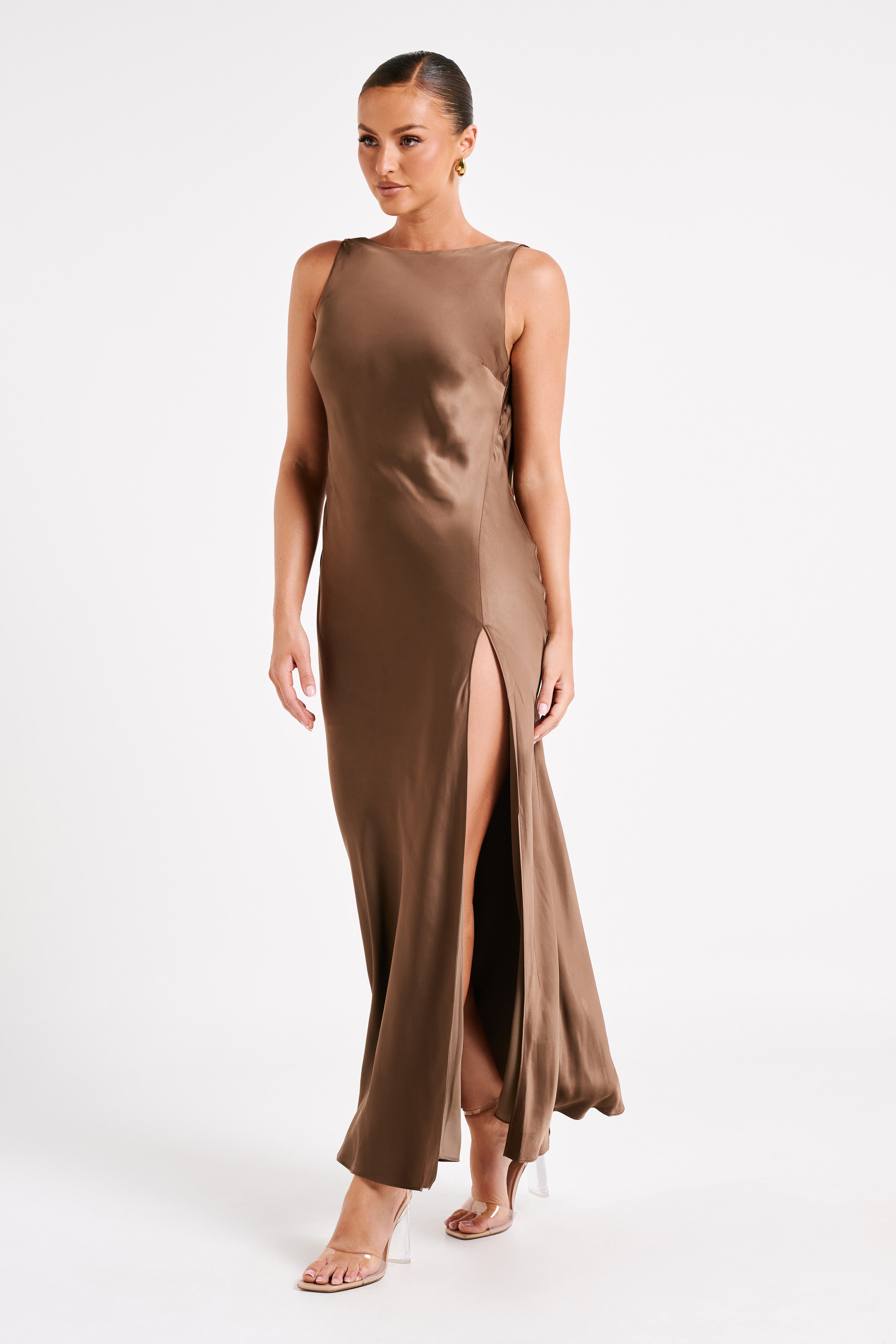 Gemima Satin Maxi Dress With Split - Mocha