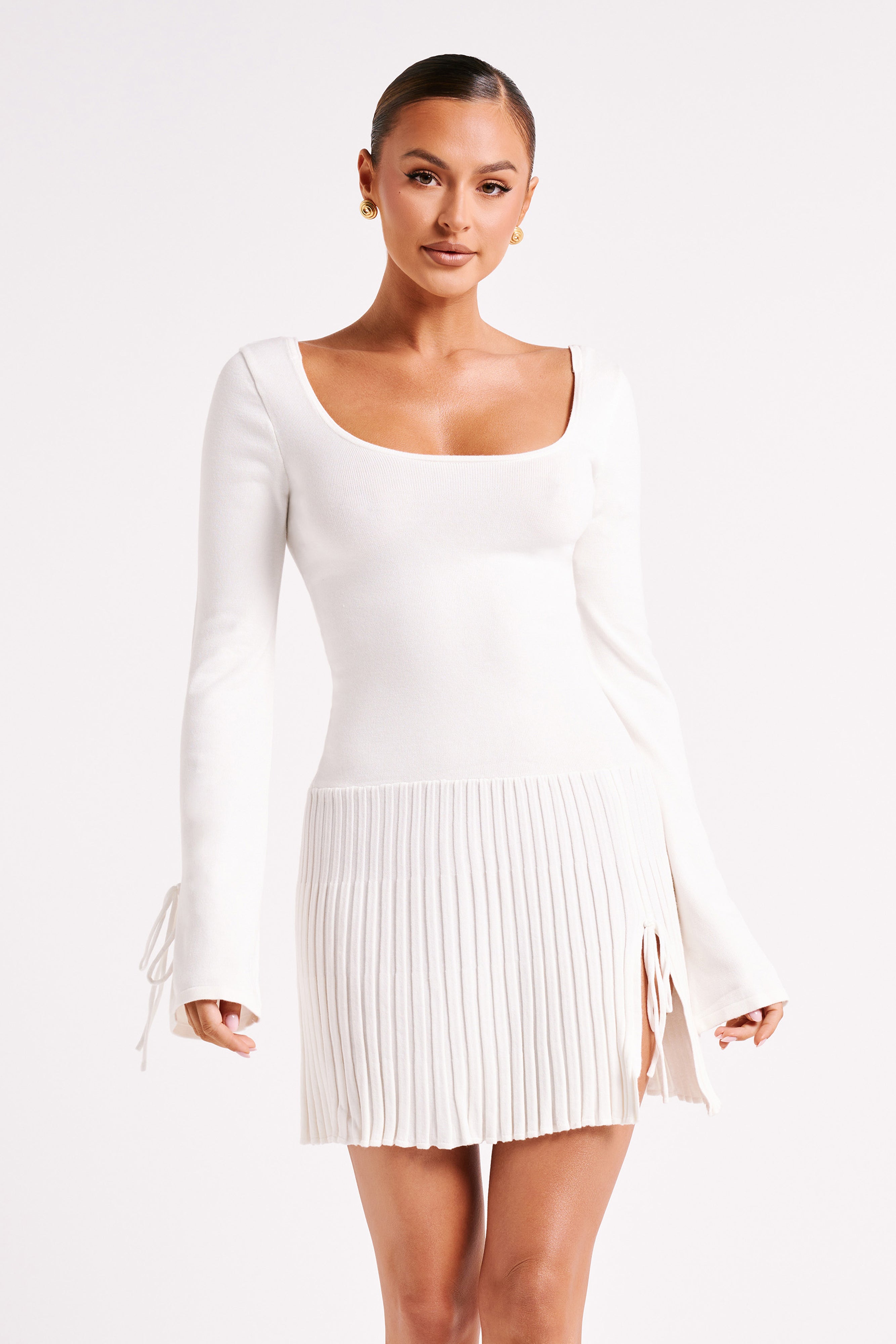 Britney Long Sleeve Knit Mini Dress - White