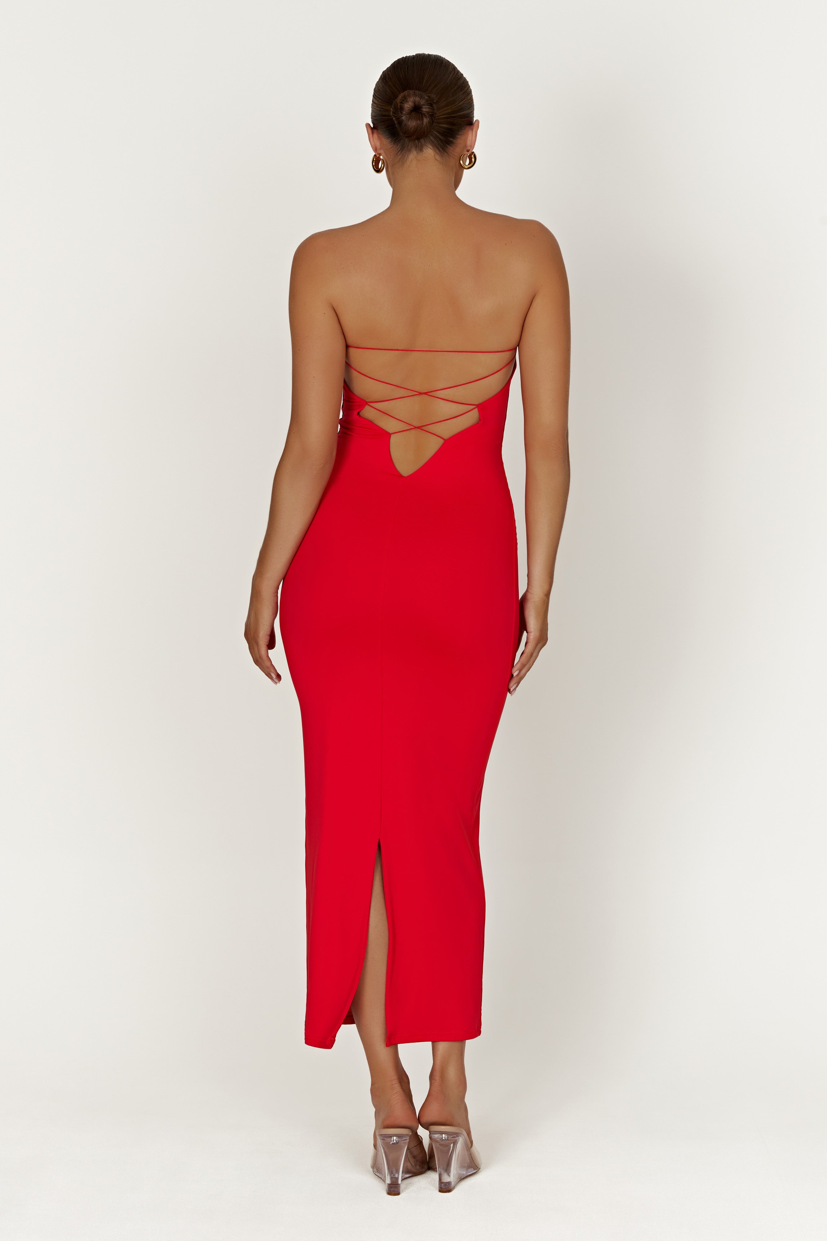 Vivian Recycled Nylon Strapless Tie Up Maxi Dress - Red