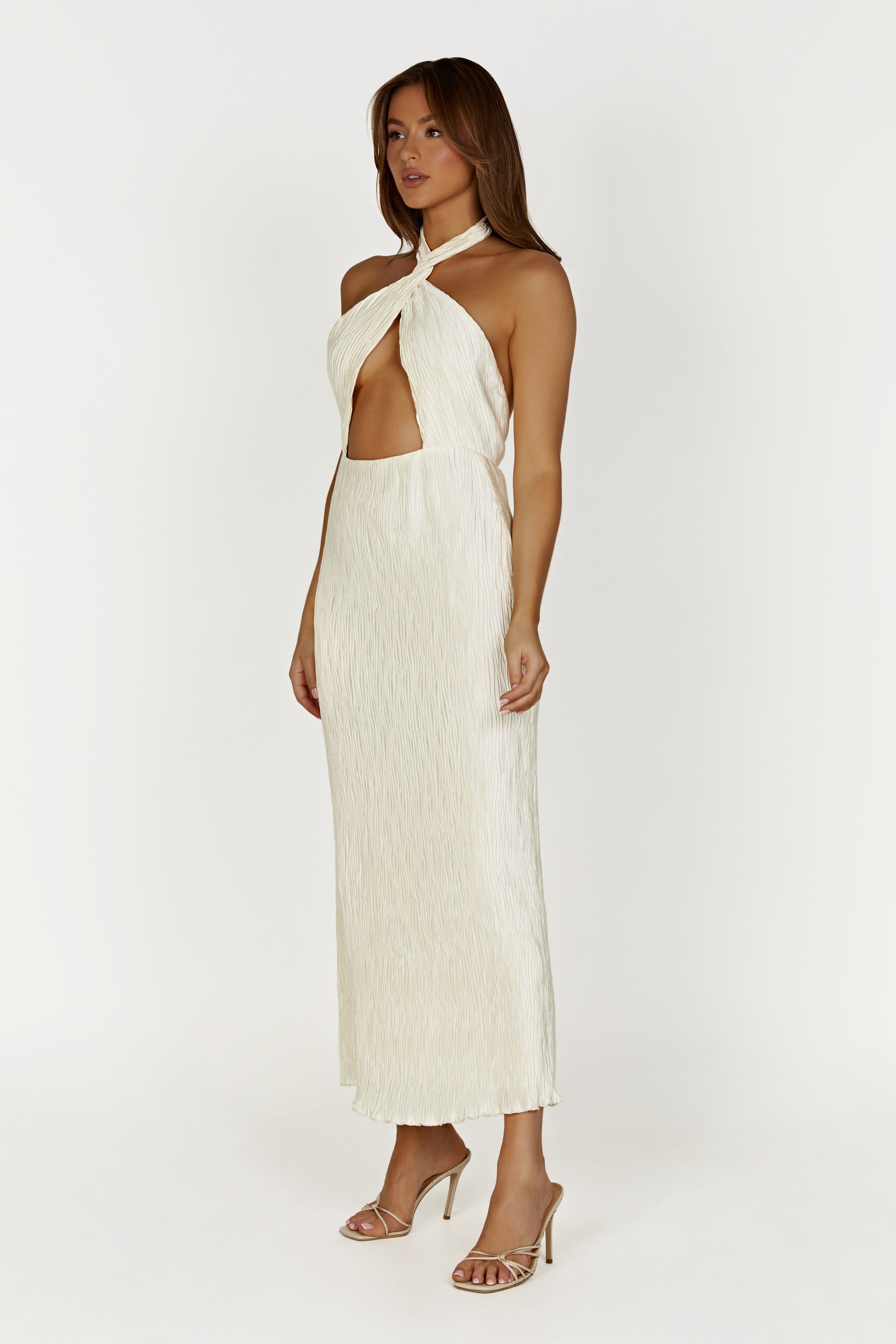 Demetria Plisse Halter Maxi Dress - Ivory