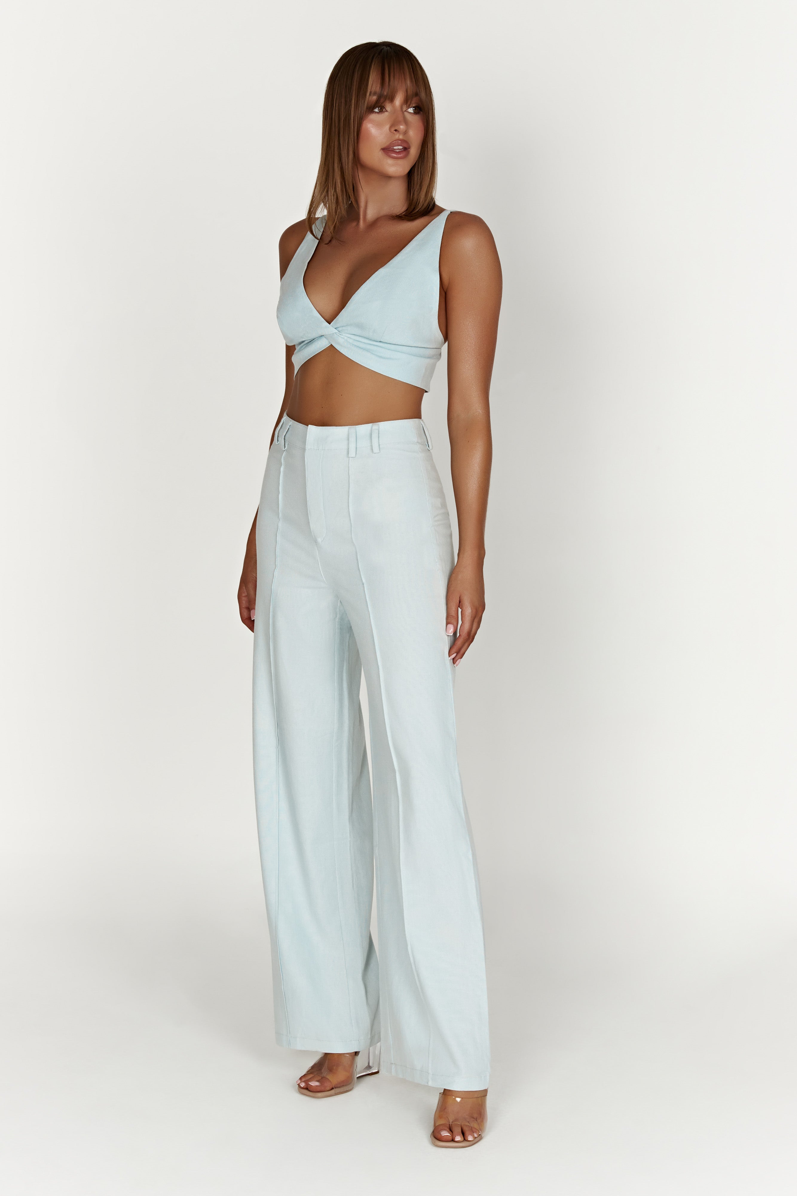 Kaesha Twist Linen Top - Powder Blue