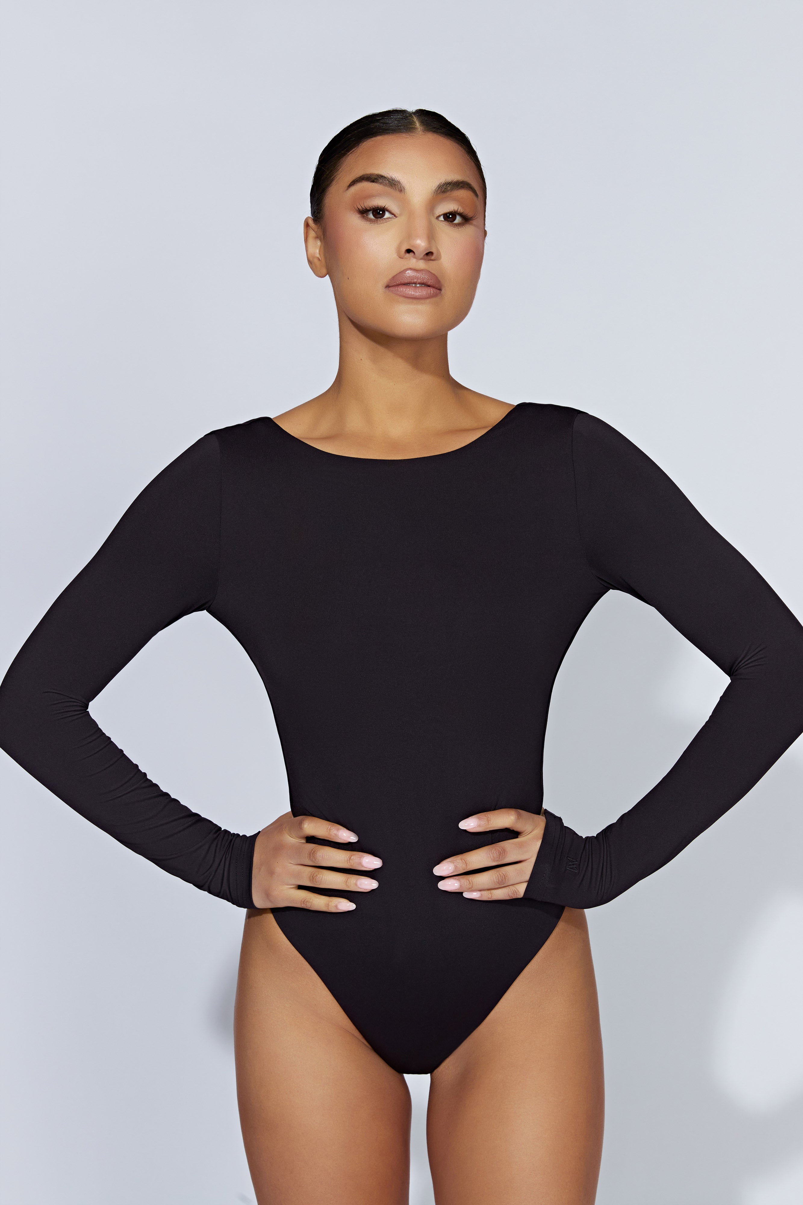Cheyenne Long Sleeve Plunge Back Bodysuit - Black