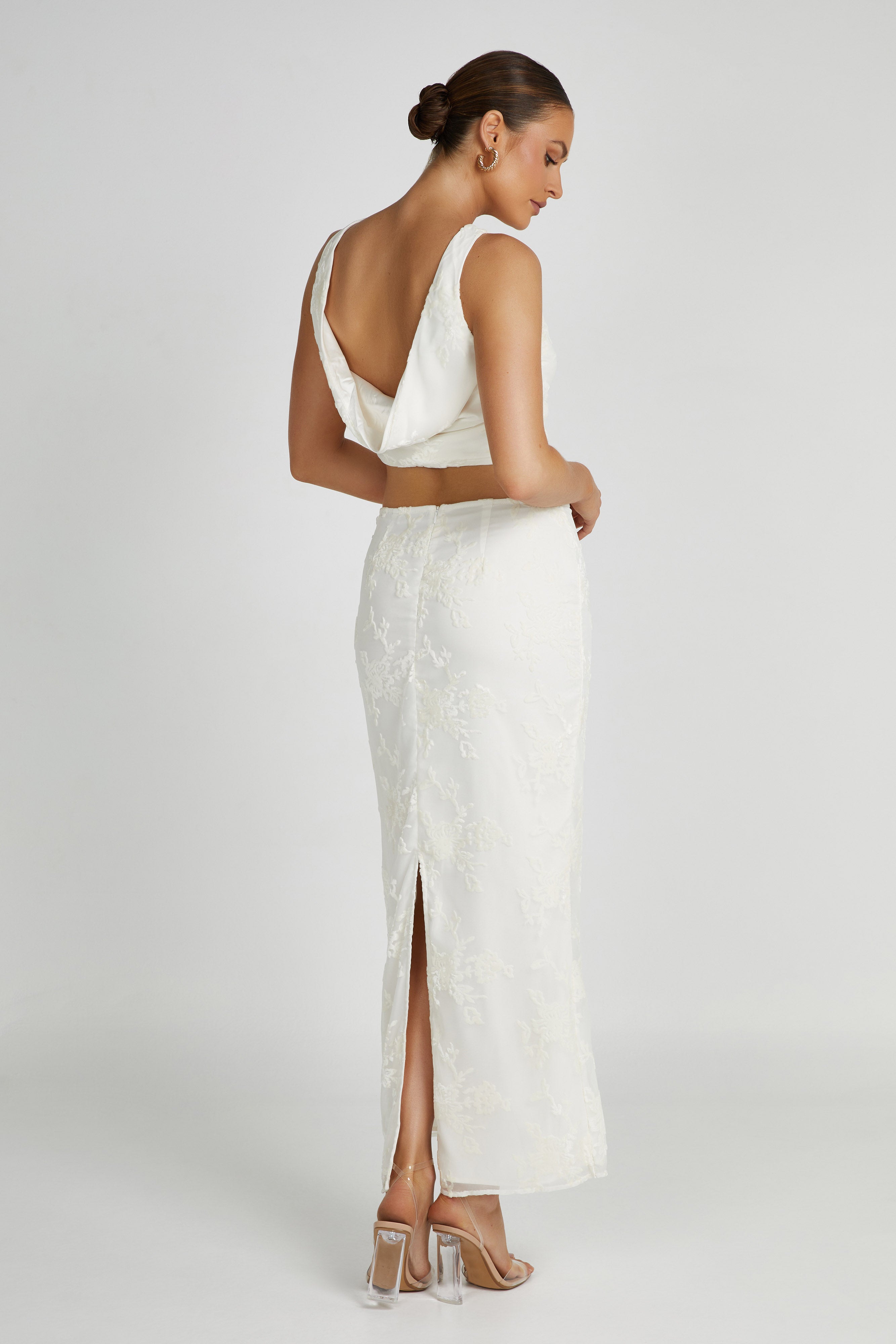 Mona Burnout Velvet Maxi Skirt - White